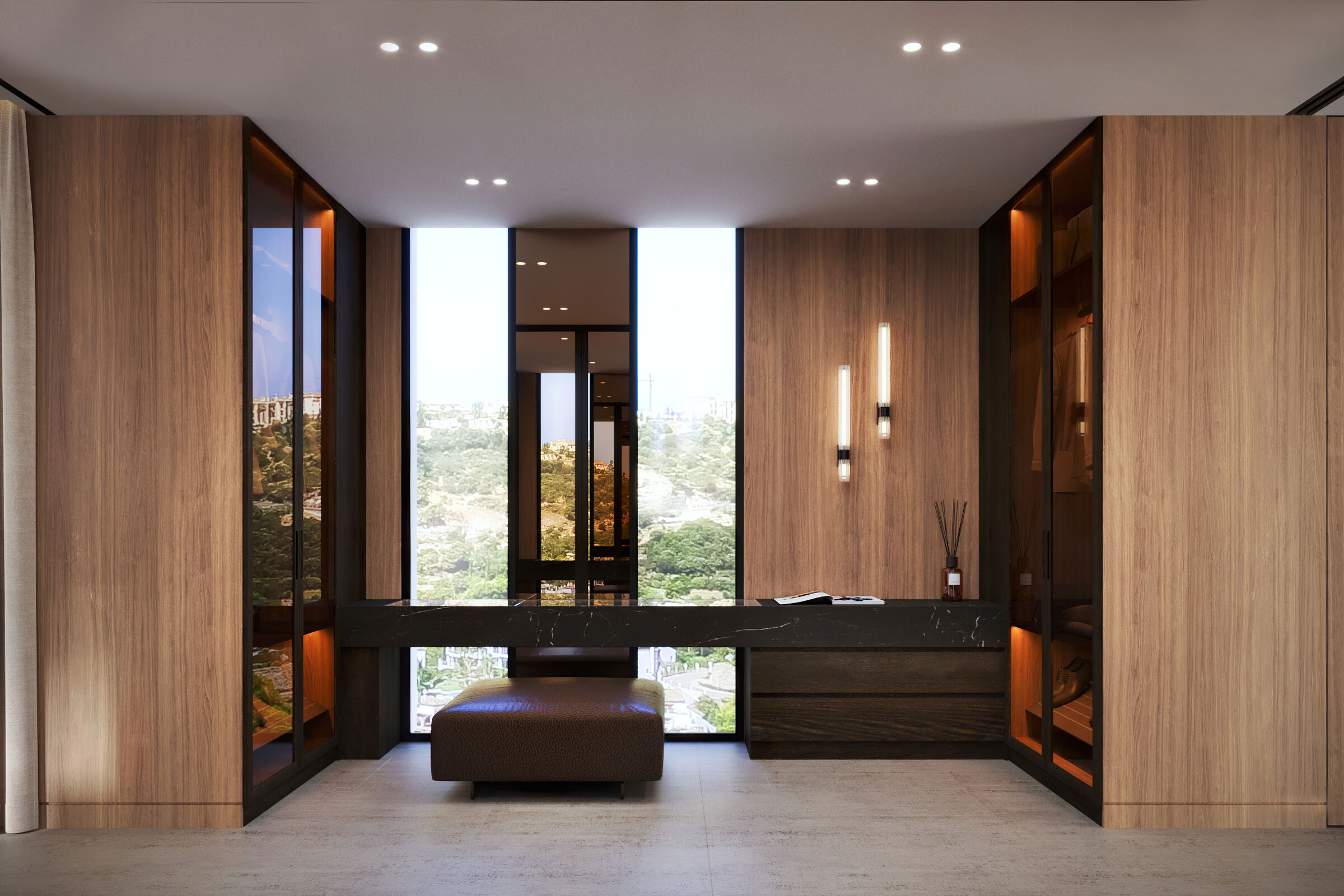 Modern Master Walk-In Closet with a View I Console Vanity