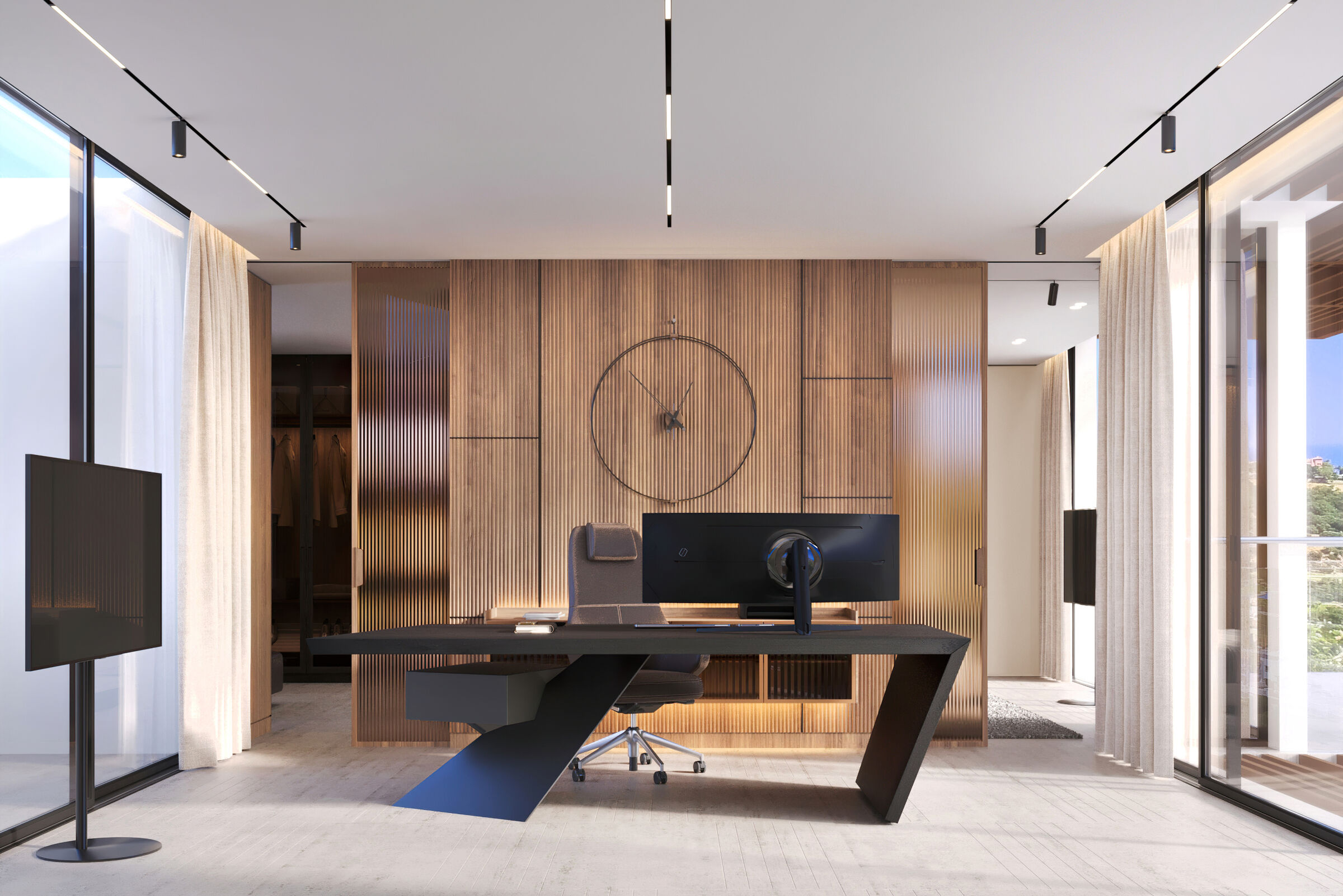 Contemporary Home Office I Floor-to-Ceiling Glass and Wood Paneling