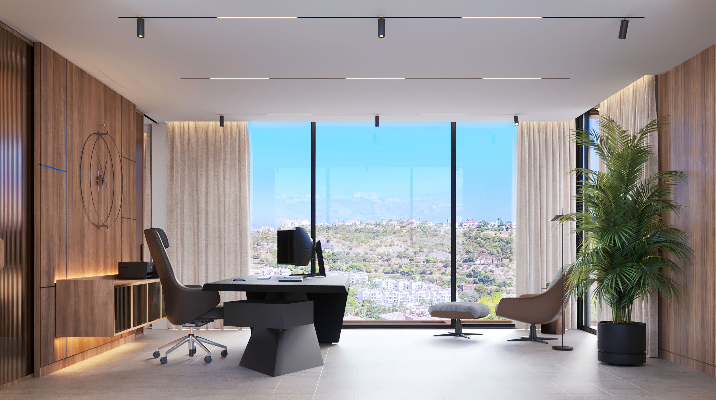 Contemporary Home Office I Floor-to-Ceiling Glass and Wood Paneling