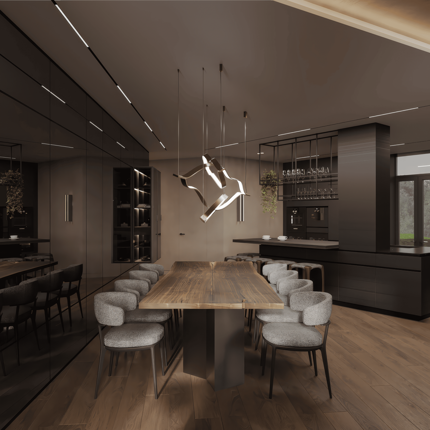 Dining Area | Organic Wood Dining Table & Henge Lighting