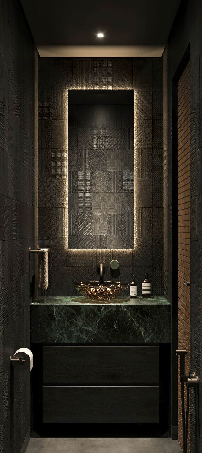 Moody atmospheric powder room I Green Marble & Kohler Washbasin