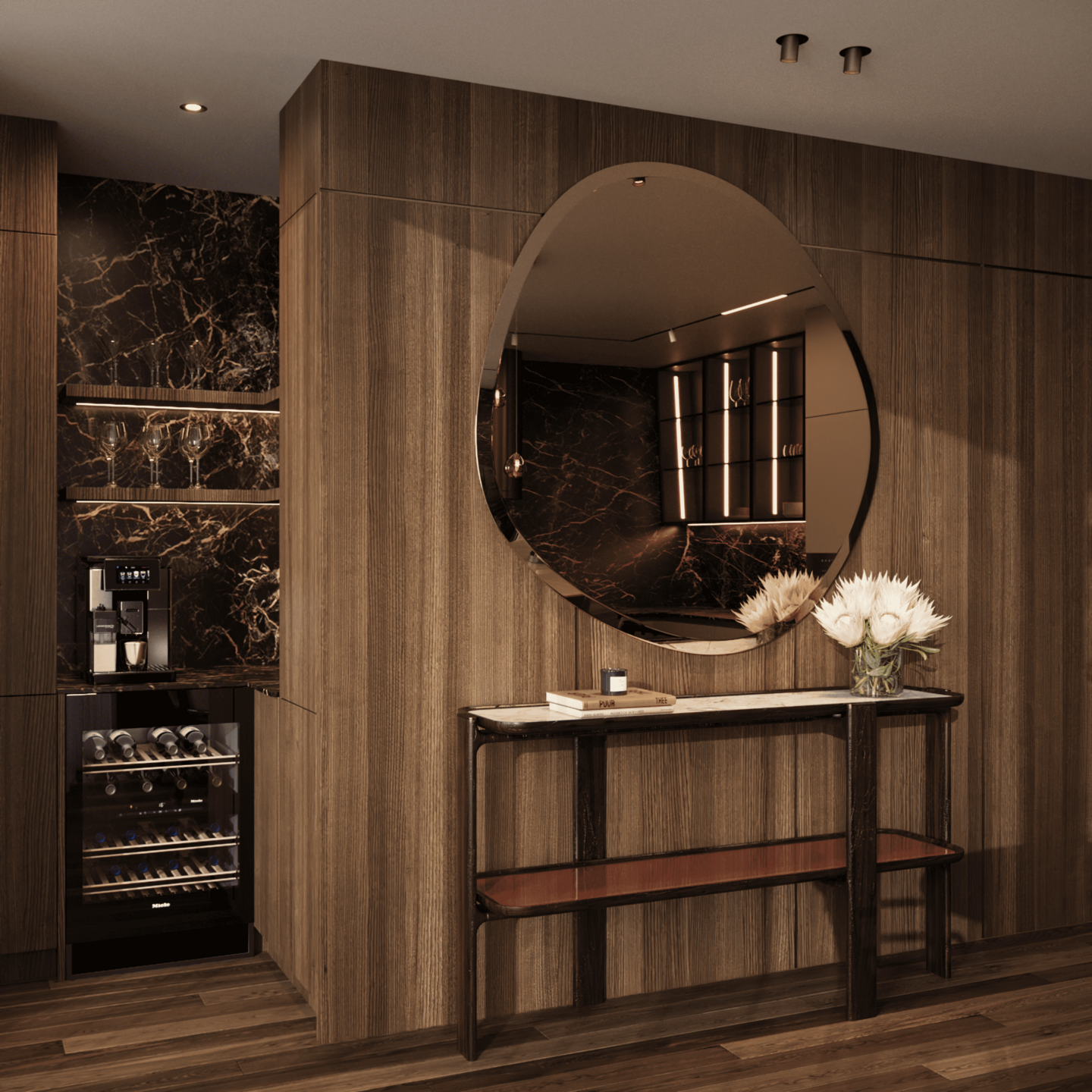 Modern Home Bar I Walnut & Dark Marble