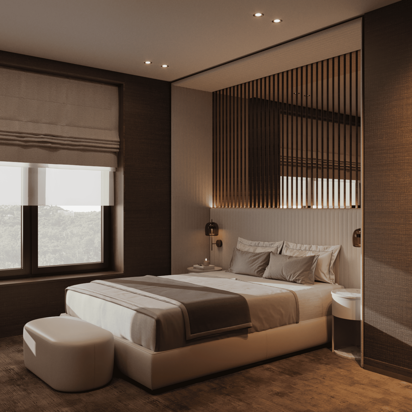 Modern Luxury Guest Bedroom I Neutral Palette & Bronze Wall Panels