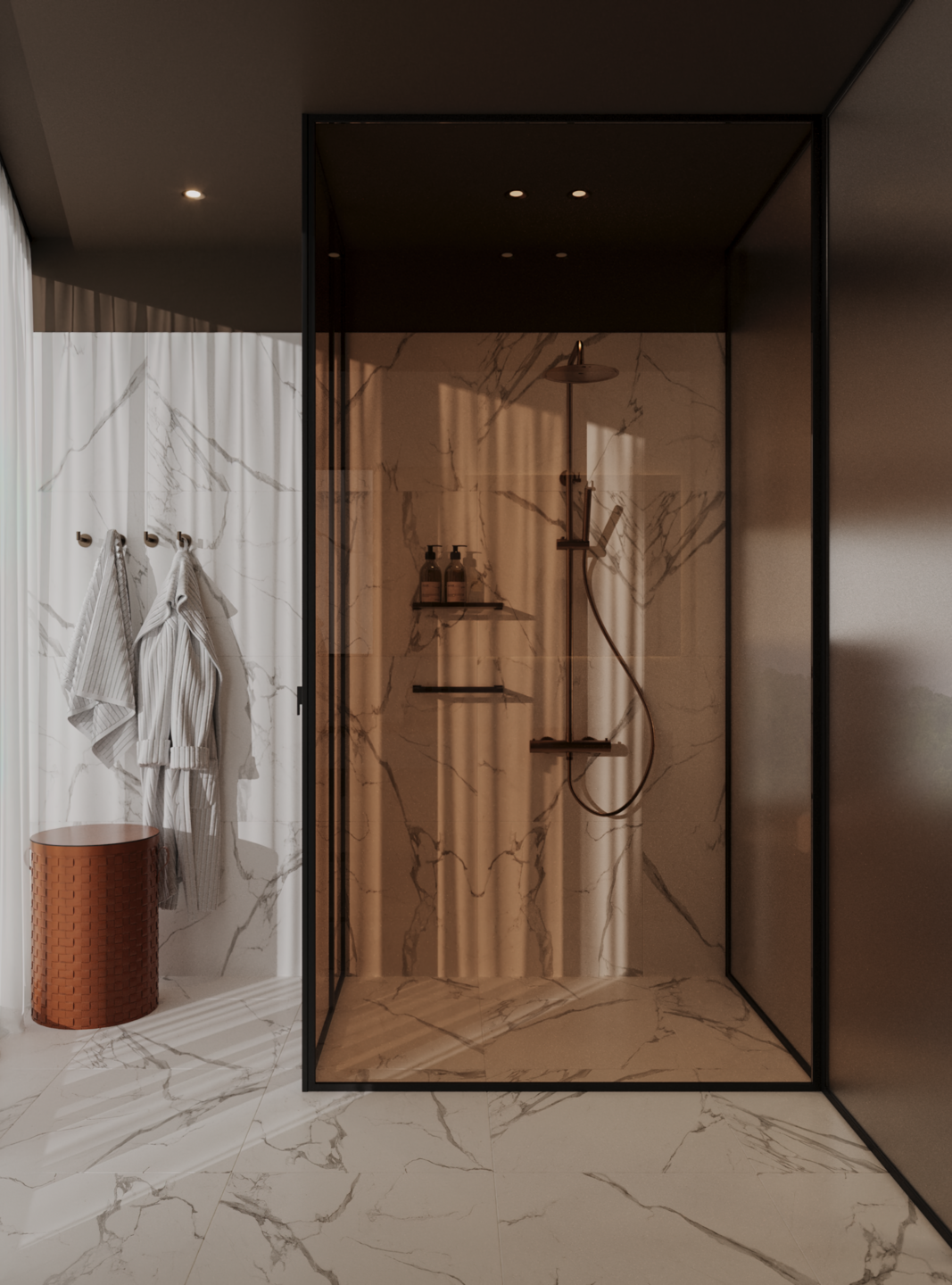 Modern Guest Bathroom I Marble Tile & Bronze Shower Glass