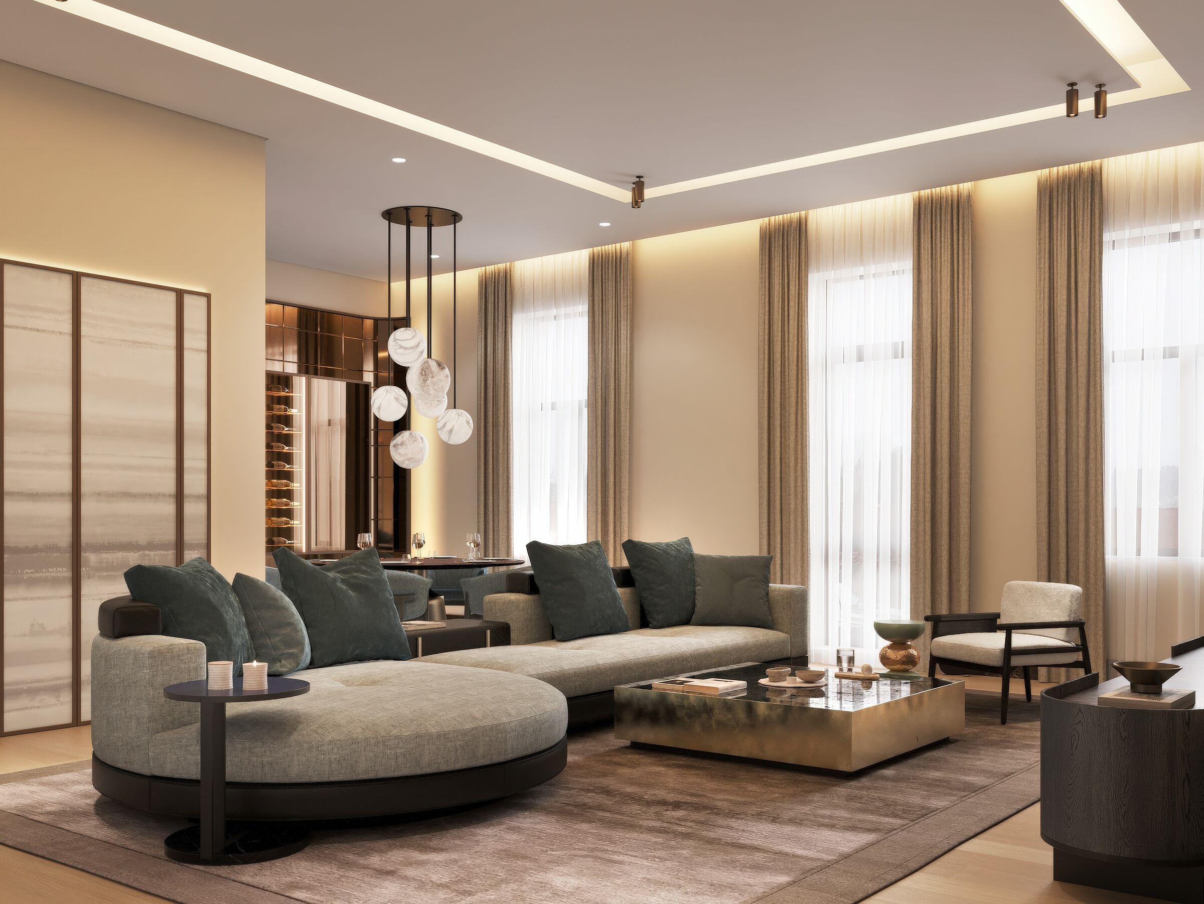 Luxury Modern Living Room | Minotti Sofa & Meridiani Aged Mirror Table
