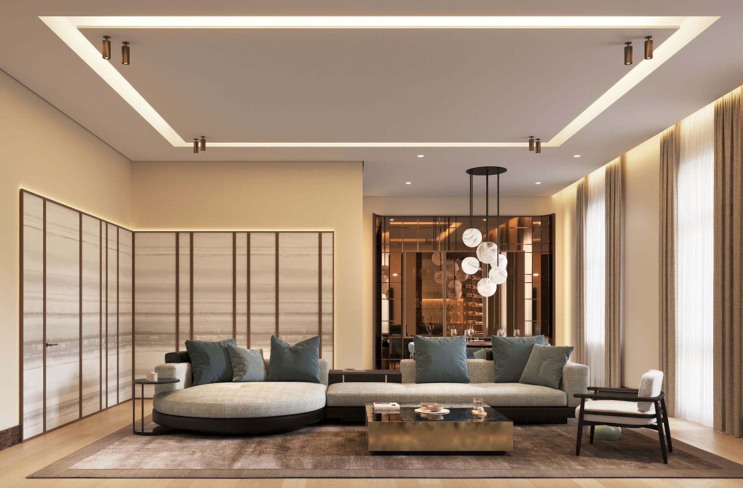 Luxury Modern Living Room | Minotti Sofa & Wallpaper Wall Panels