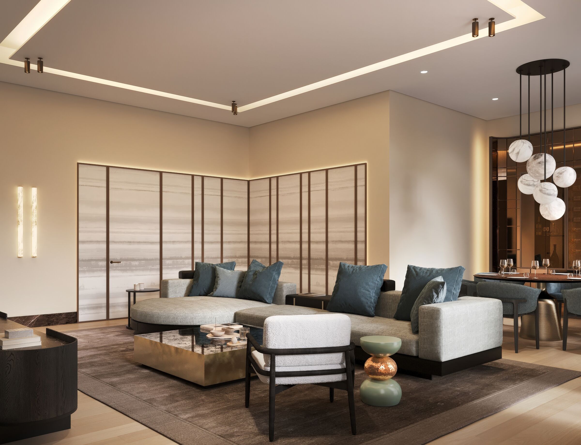 Luxury Modern Living Room | Minotti Sofa & Wallpaper Wall Panels