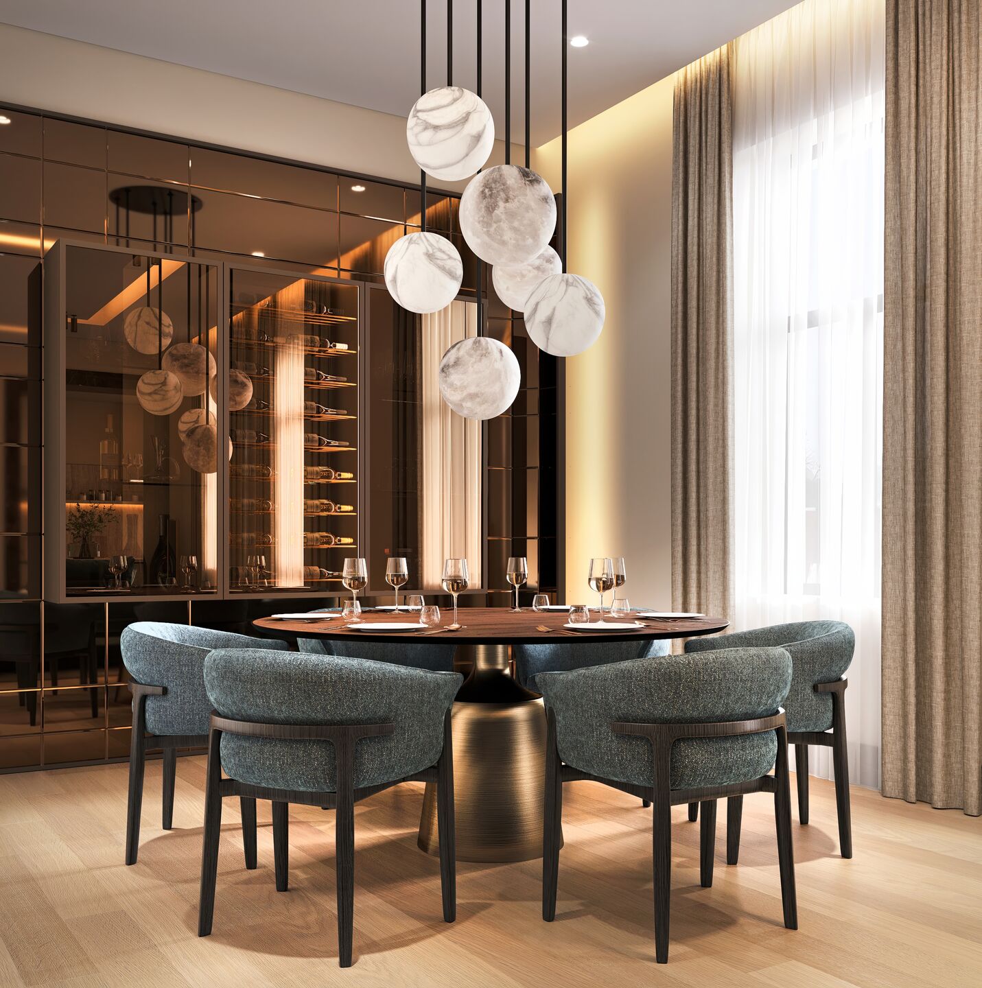 Luxury Modern Living Room | Alabaster :lighting & Bronze Mirror Bar