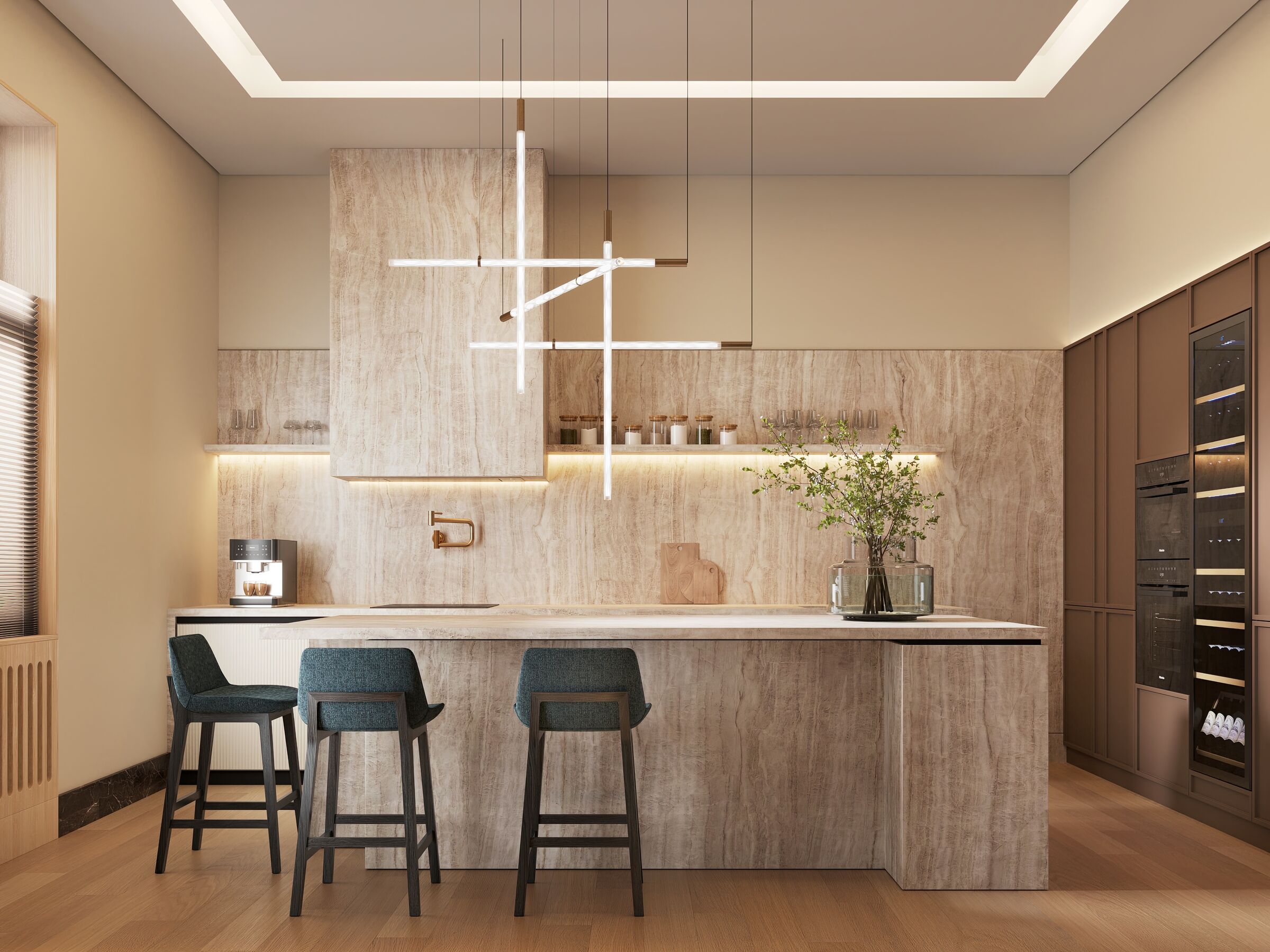 Luxury Modern Kitchen I Quartzite Taj Mahal, Stone Island & Poliform Bar Stools