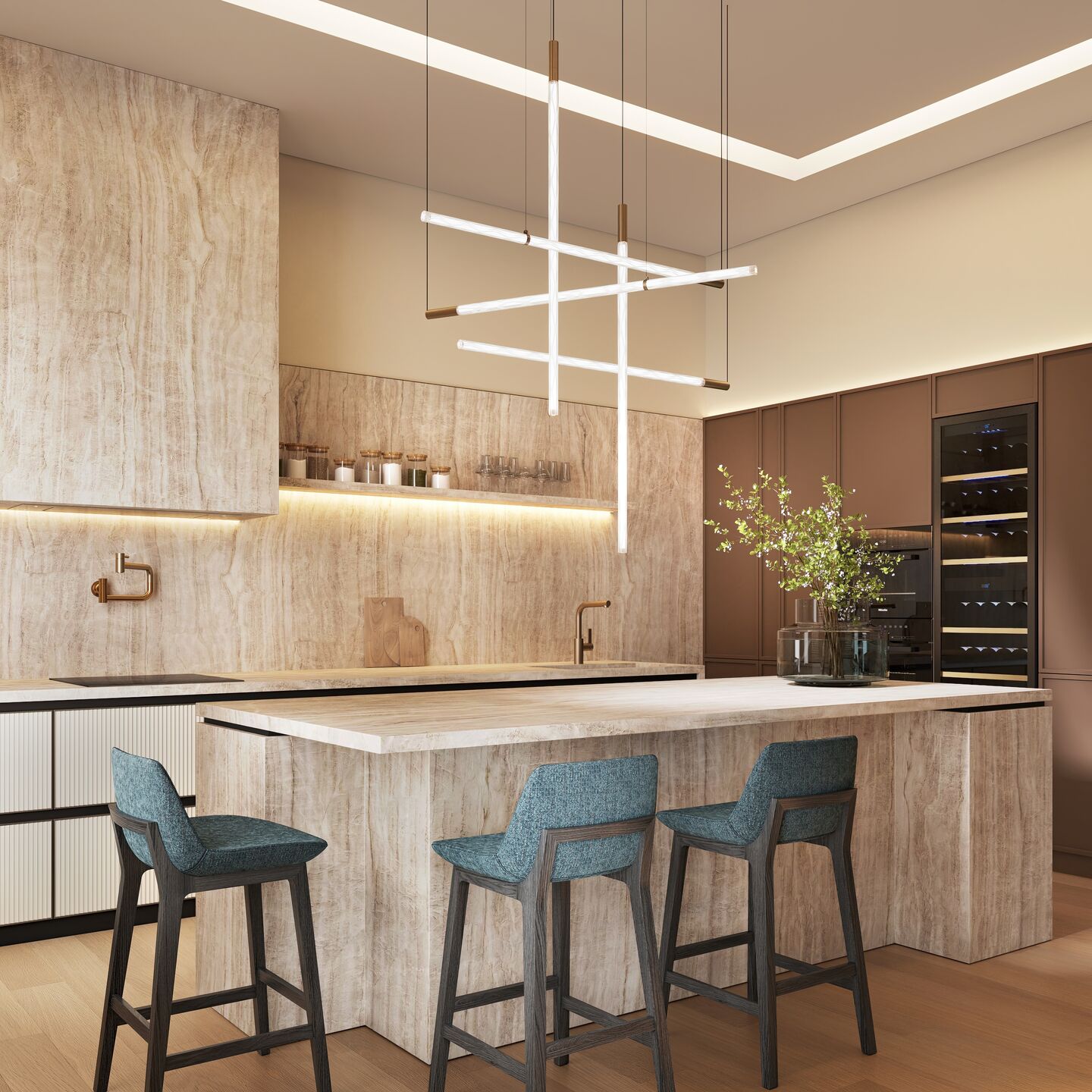 Luxury Modern Kitchen I Quartzite Taj Mahal, Stone Island & Poliform Bar Stools