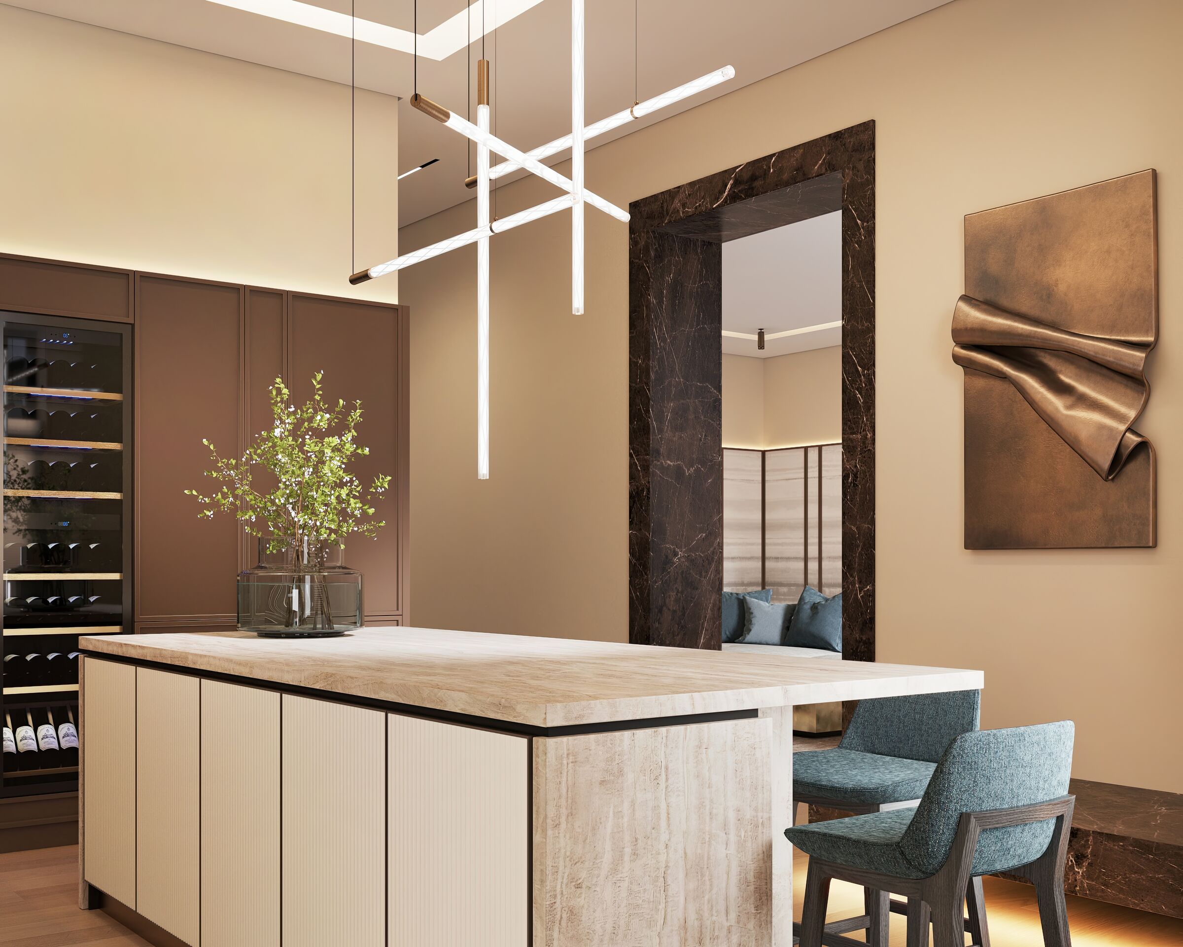 Luxury Modern Kitchen I Quartzite Taj Mahal, Stone Island & Poliform Bar Stools
