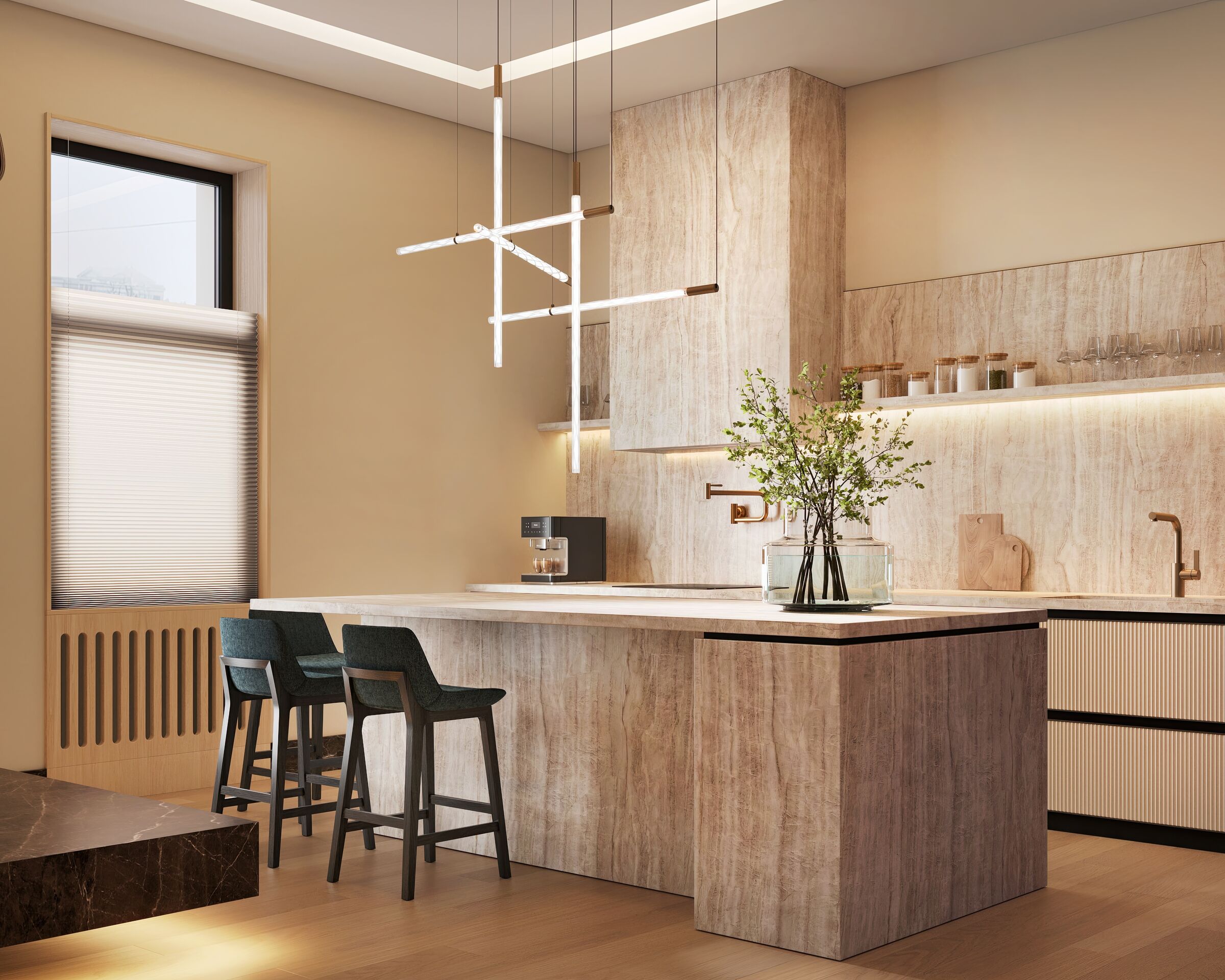 Luxury Modern Kitchen I Quartzite Taj Mahal, Stone Island & Poliform Bar Stools
