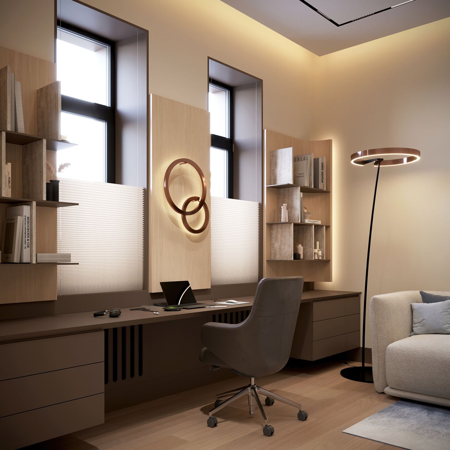 Luxury Modern Office I Veneer Curved Wall Panels & Taj Mahal, Wall Sconces