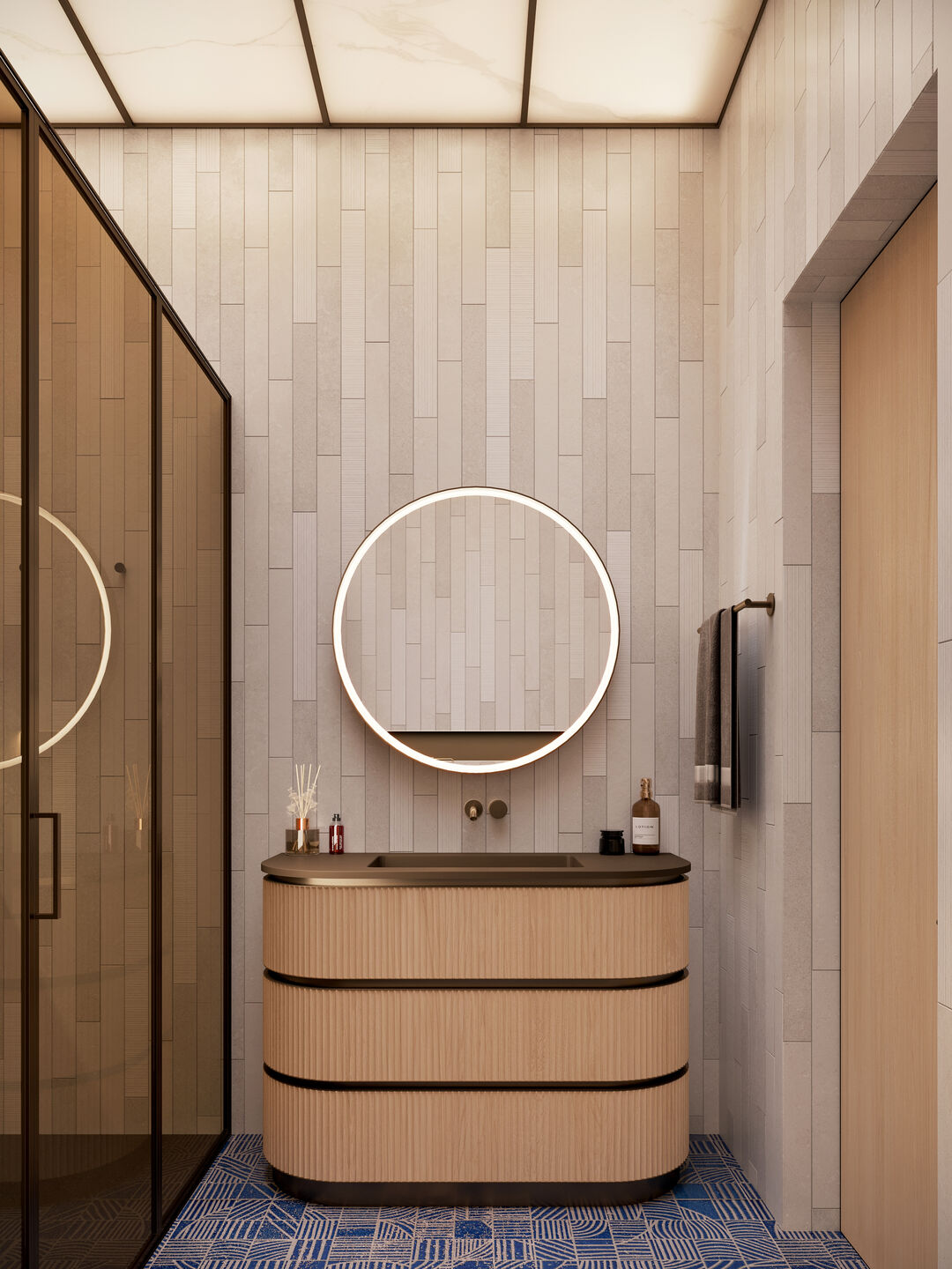 Luxury Modern Guest Bathroom I Lightbox Ceiling, Bronze Glass Partition & Veneer Floor Vanity
