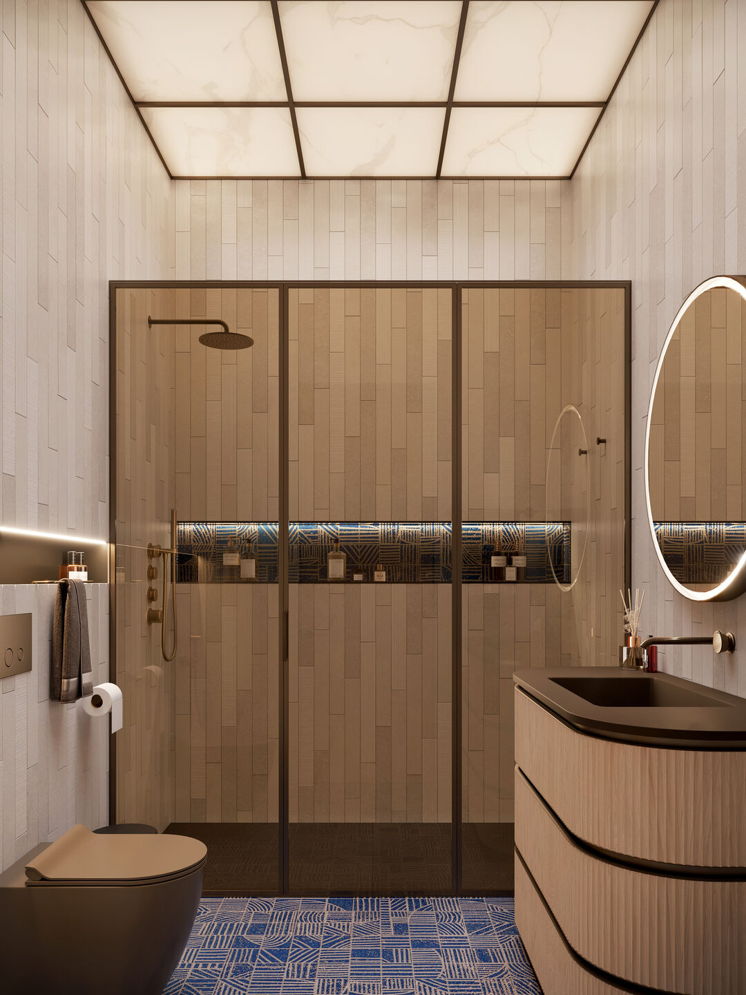 Luxury Modern Guest Bathroom I Lightbox Ceiling, Bronze Glass Partition & Veneer Floor Vanity