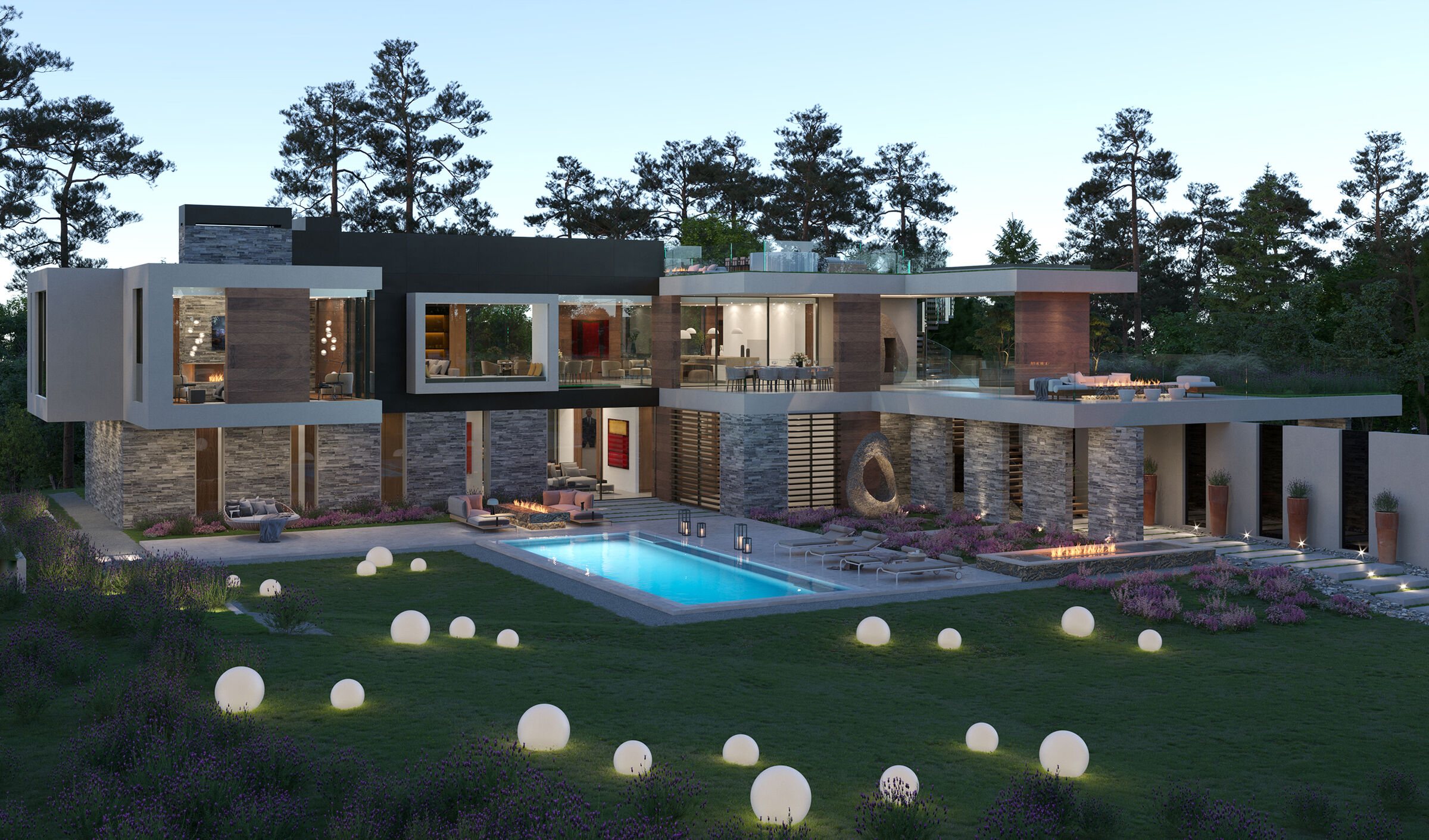Anglet Biarritz, France luxury resort style home with modern architectural design and front yard pool terrace