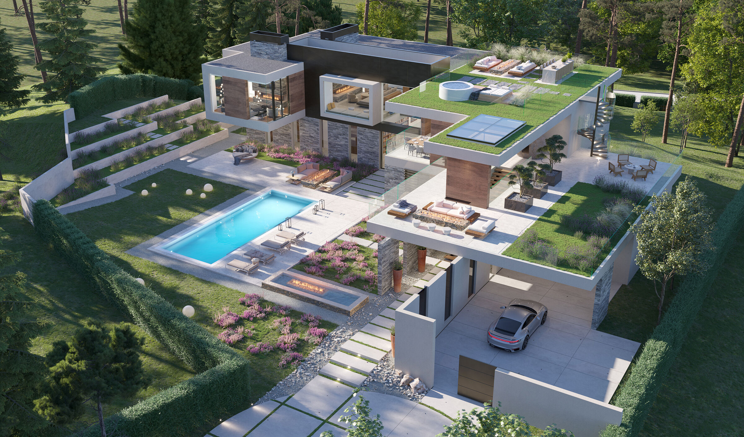 Anglet Biarritz, France luxury resort style home for modern indoor outdoor living, featuring glass walls, terraces & backyard swimming pool