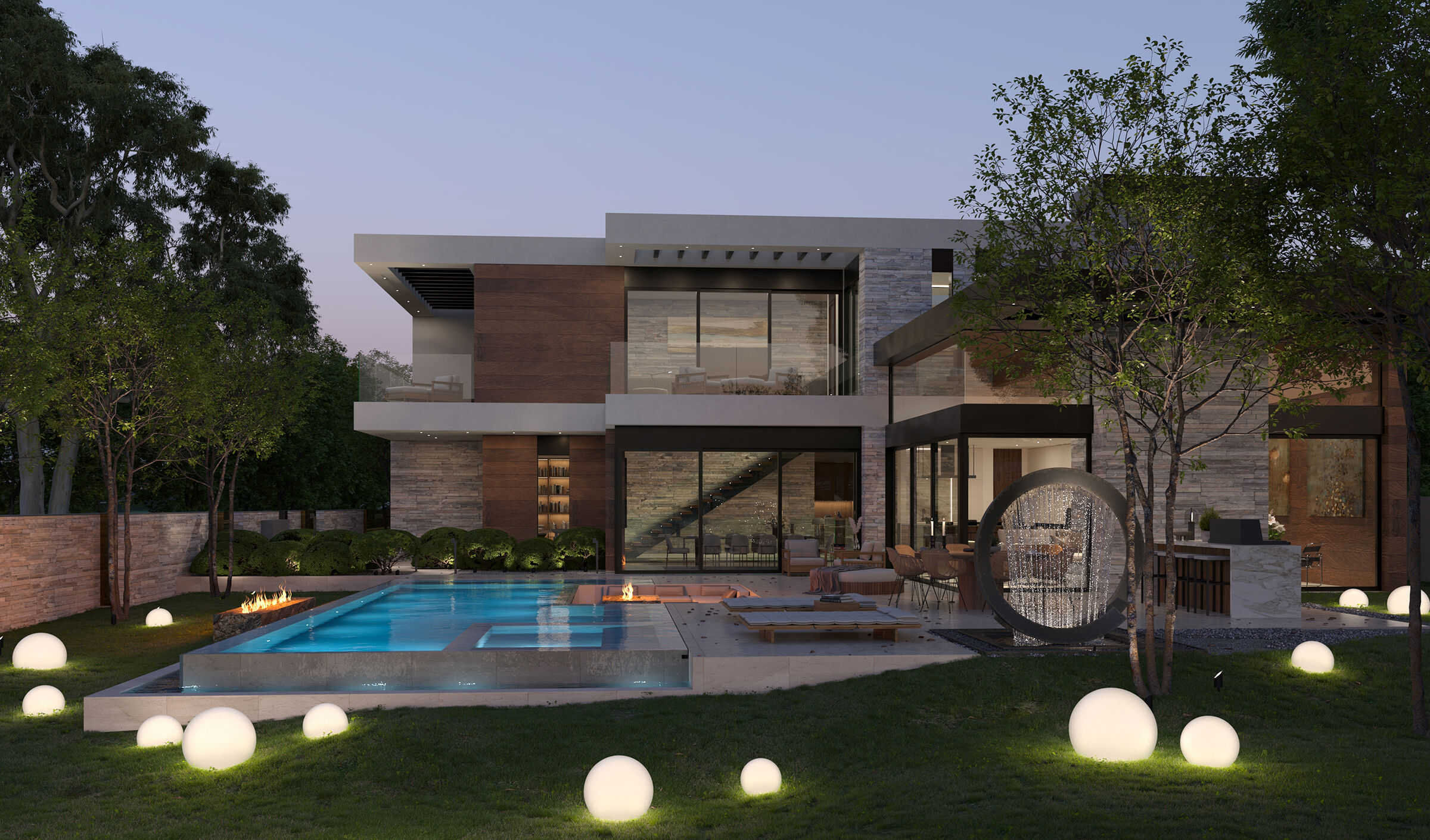 Bonhill Brentwood, Los Angeles modern home with backyard swimming pool and sculpture fountain