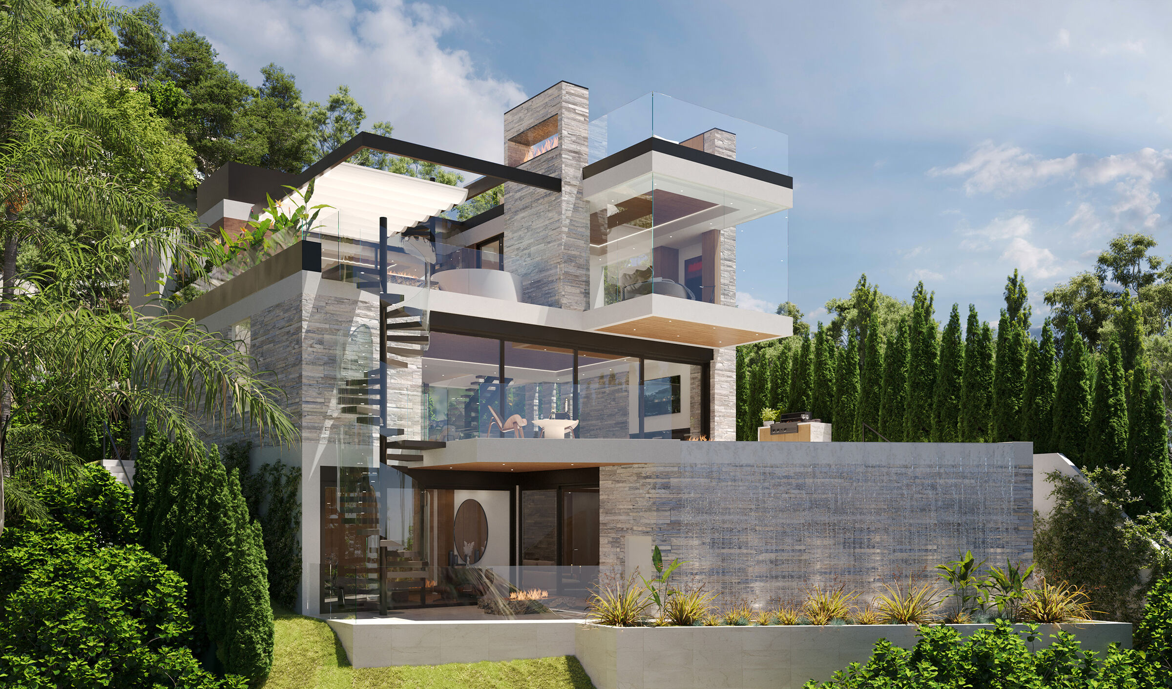 Hedges Hollywood Hills modern indoor outdoor resort style luxury home with outdoor terraces