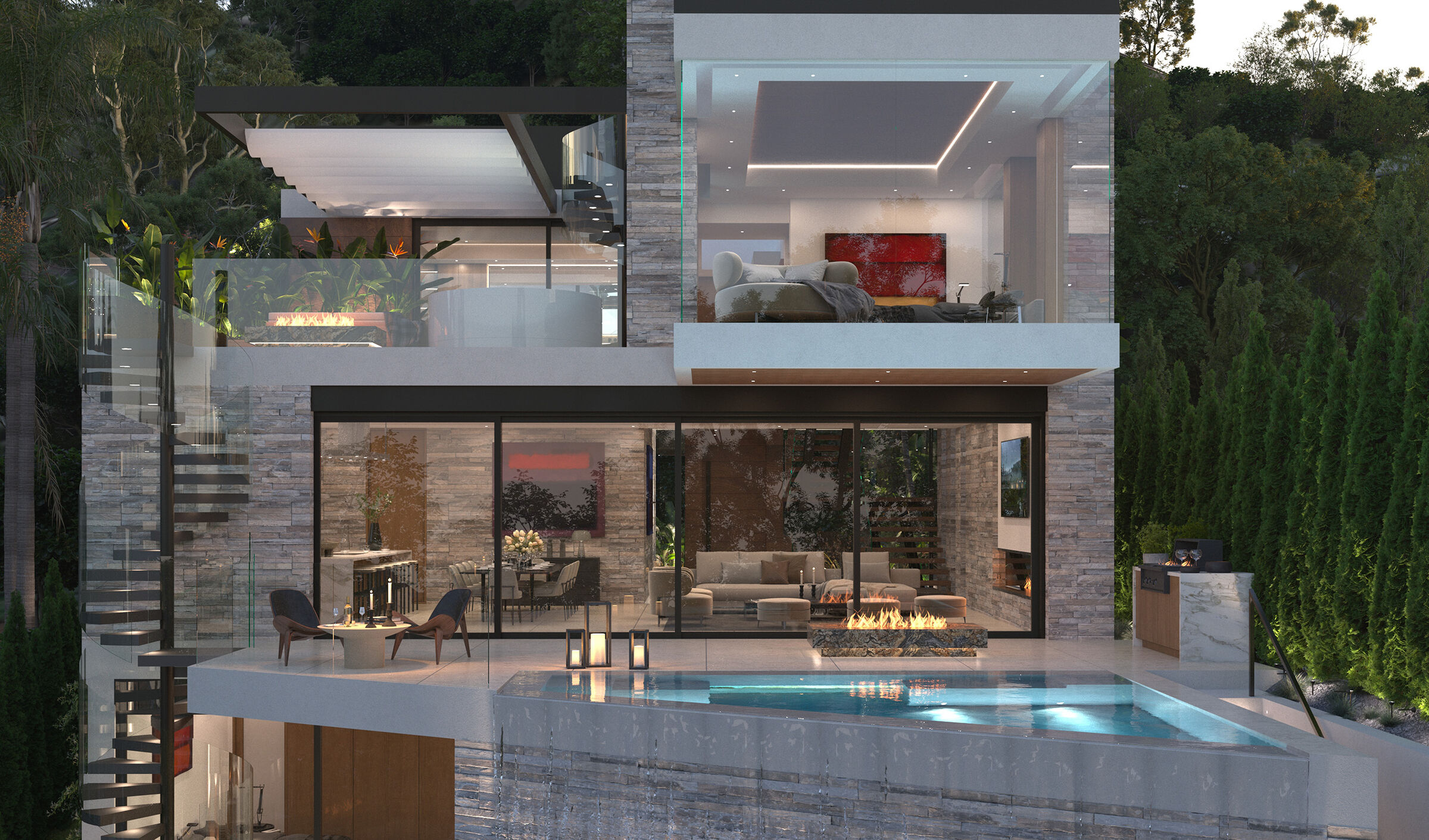 Hedges Hollywood Hills luxury indoor outdoor modern glass wall resort style home with custom swimming pool terrace