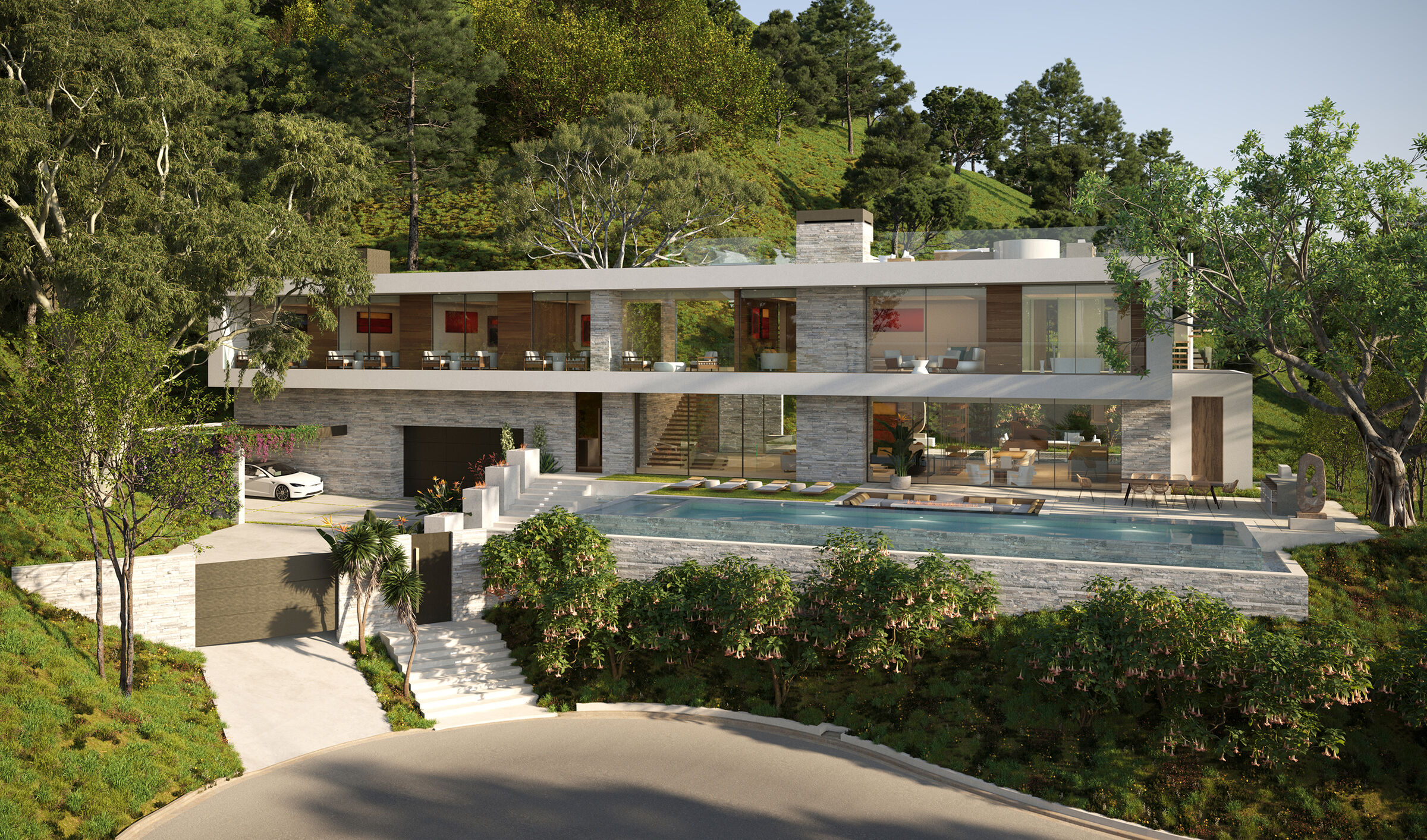 Rising Glen Hollywood Hills modern resort style home with glass walls, terraces, and infinity pool