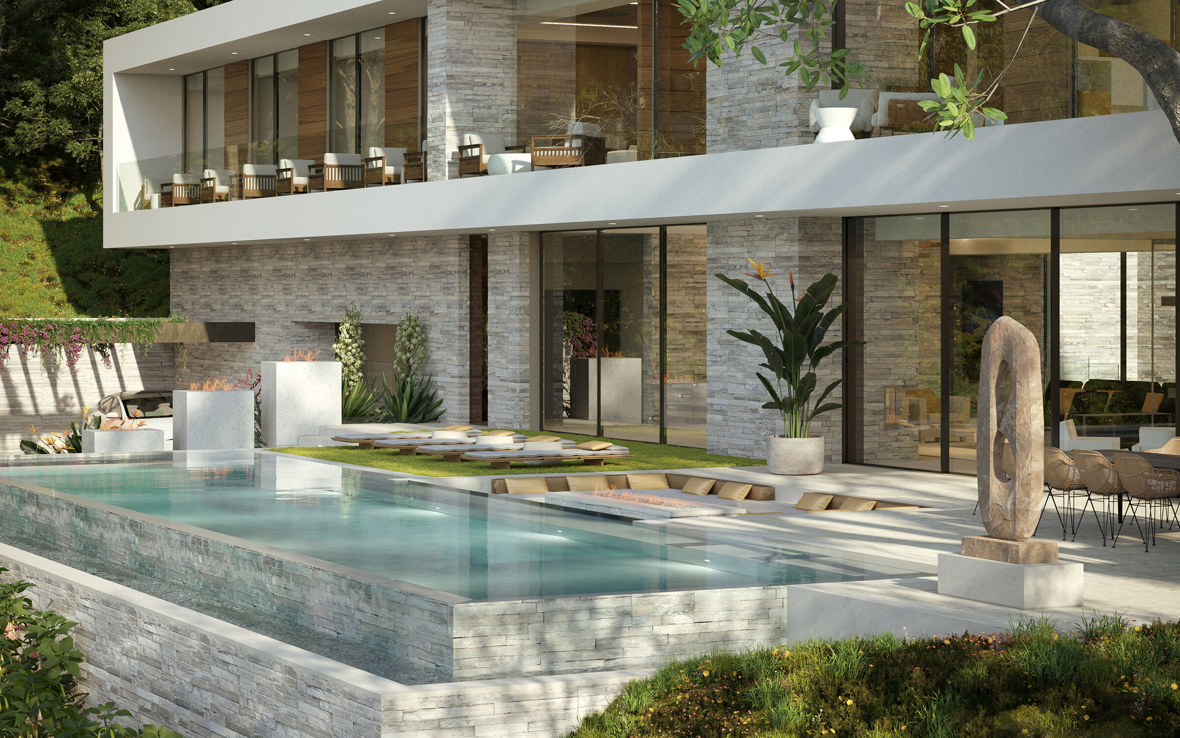 Rising Glen Hollywood Hills modern resort style home with indoor outdoor design and luxury swimming pool terrace