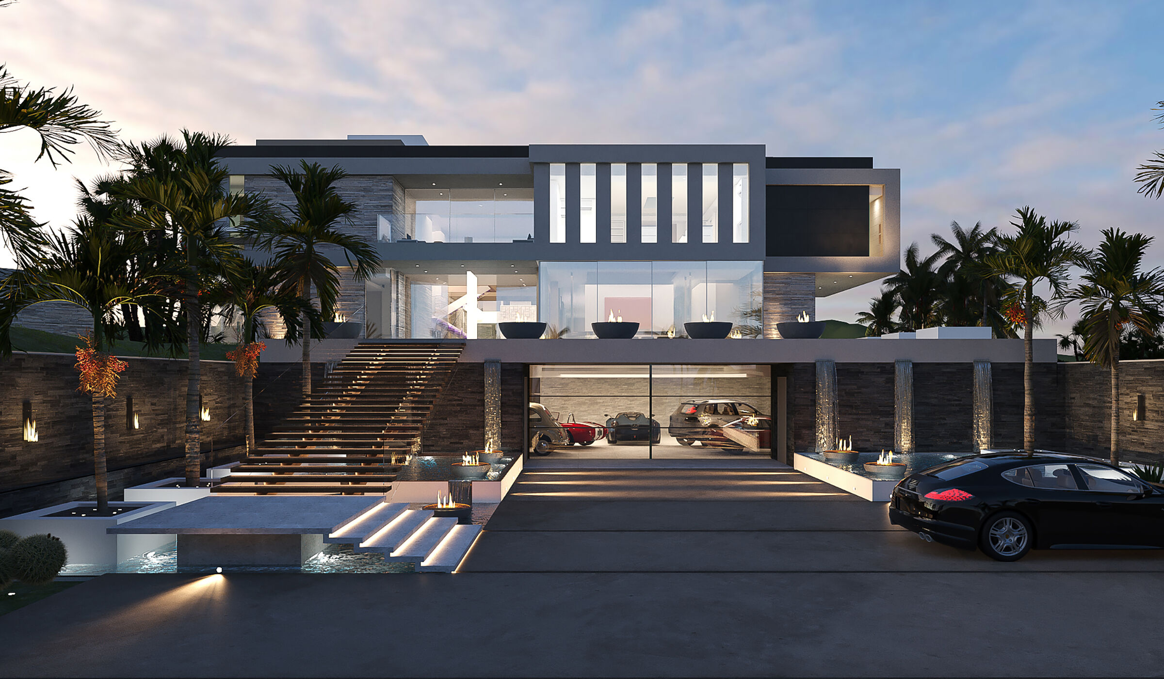 Royal Oak Encino, Los Angeles luxury home with architectural design and glass wall display car garage