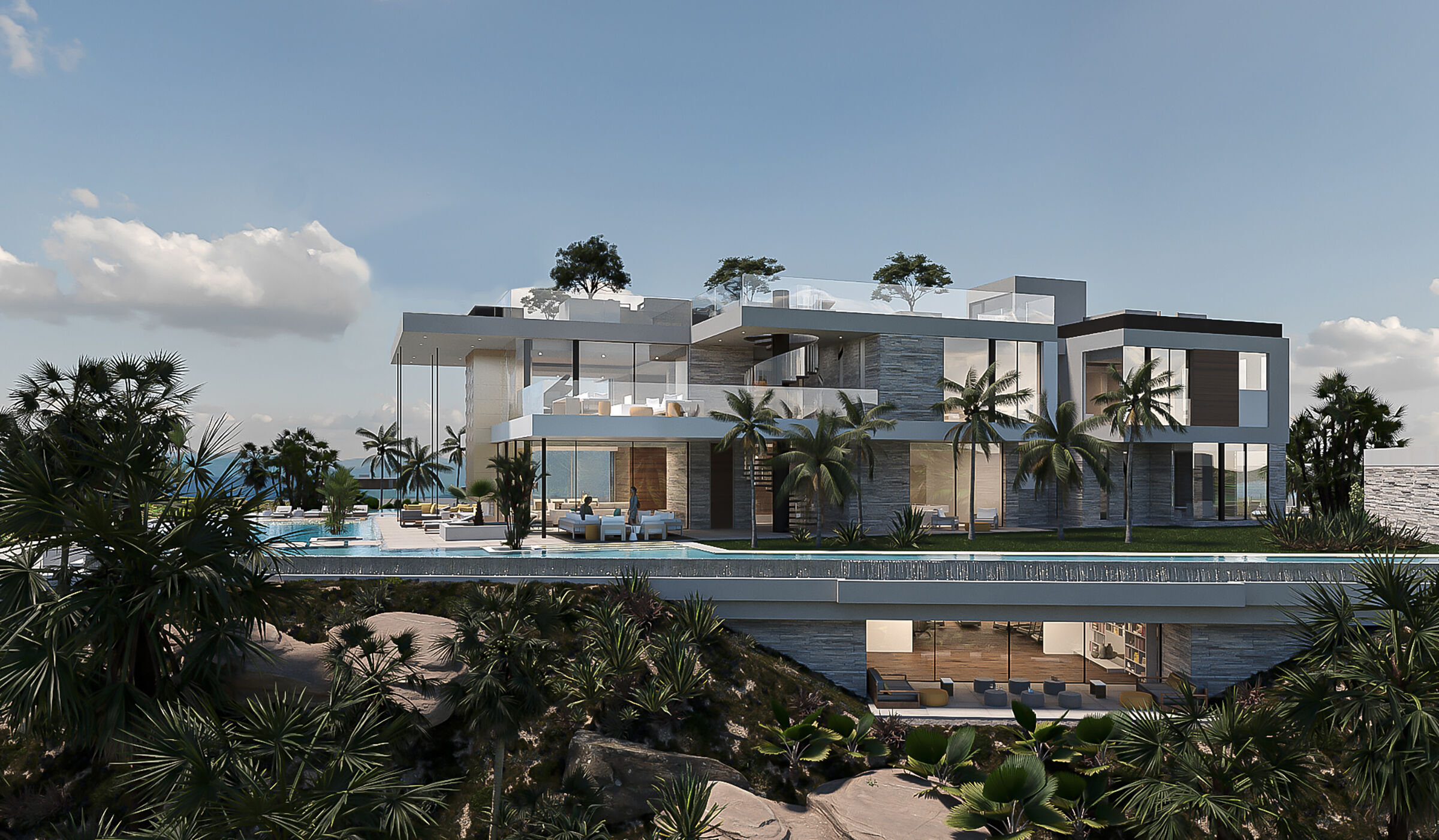 Royal Oak Encino, Los Angeles luxury resort style mansion with glass wall indoor outdoor design and infinity edge swimming pool