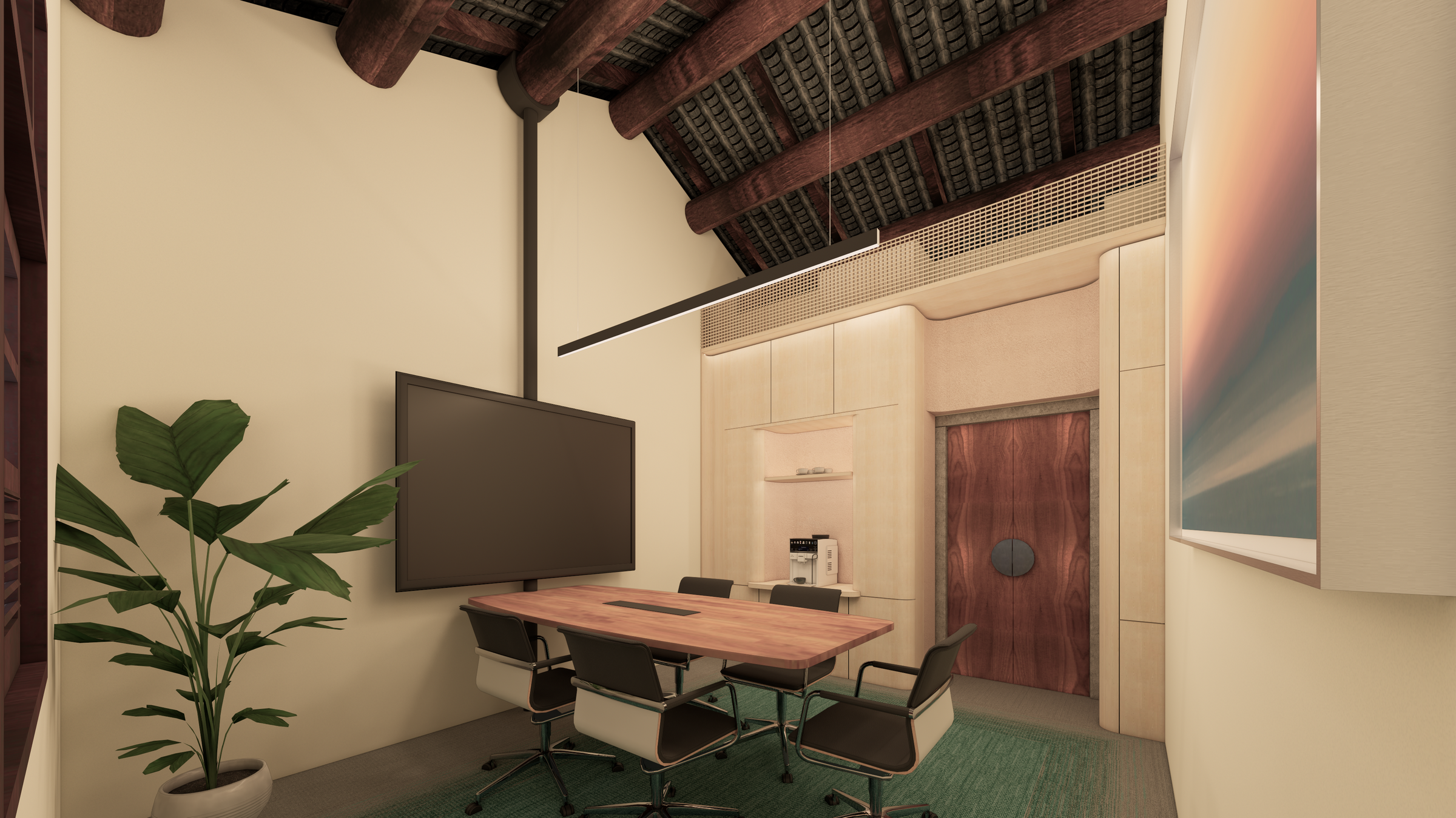 Render 01-Meeting Rooms with muted joinery amidst more contemporary materials for carpet and furniture