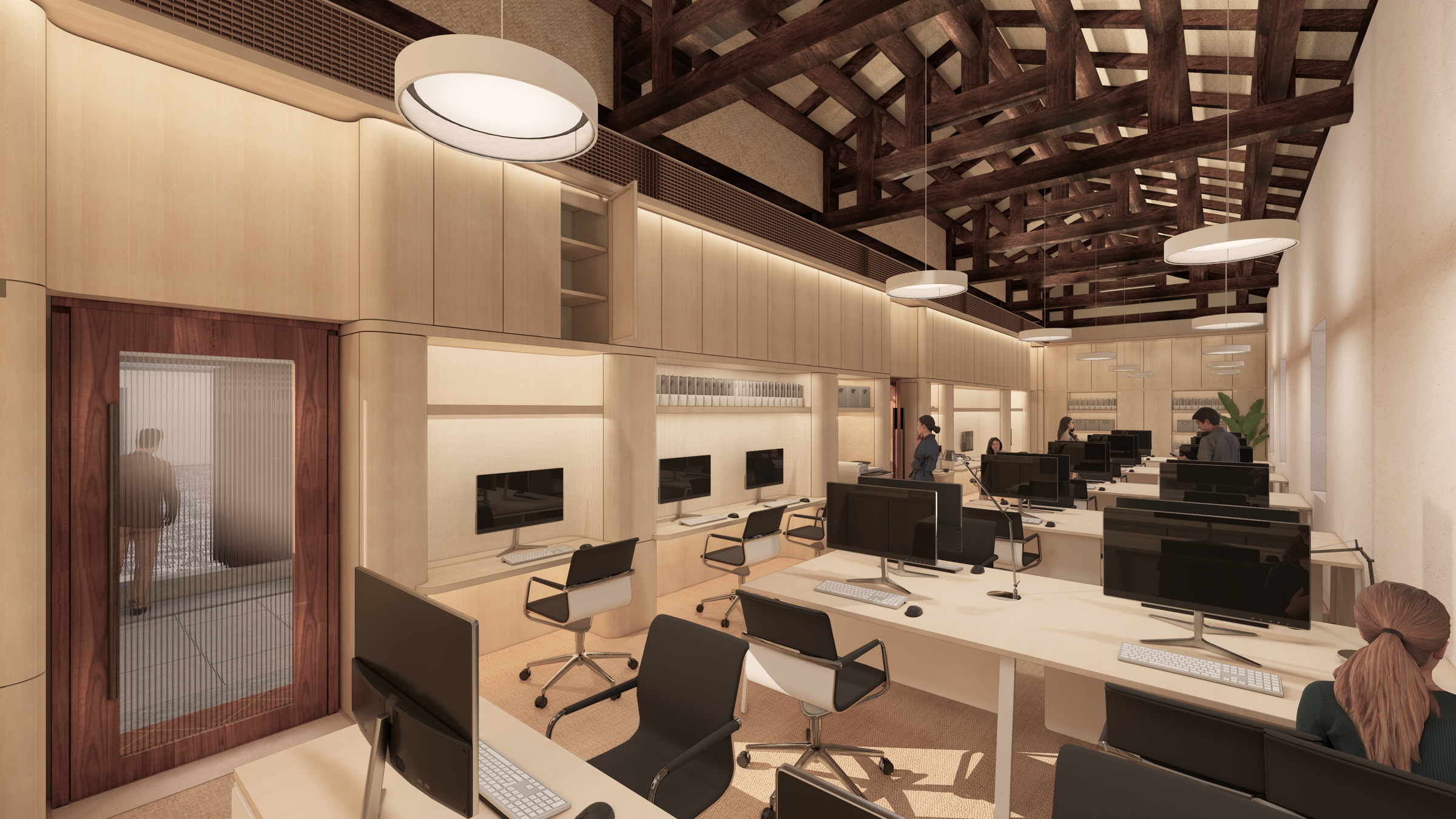 Render 02-Family Office with exposed timber beams and trusses, paying homage to the historic fabric