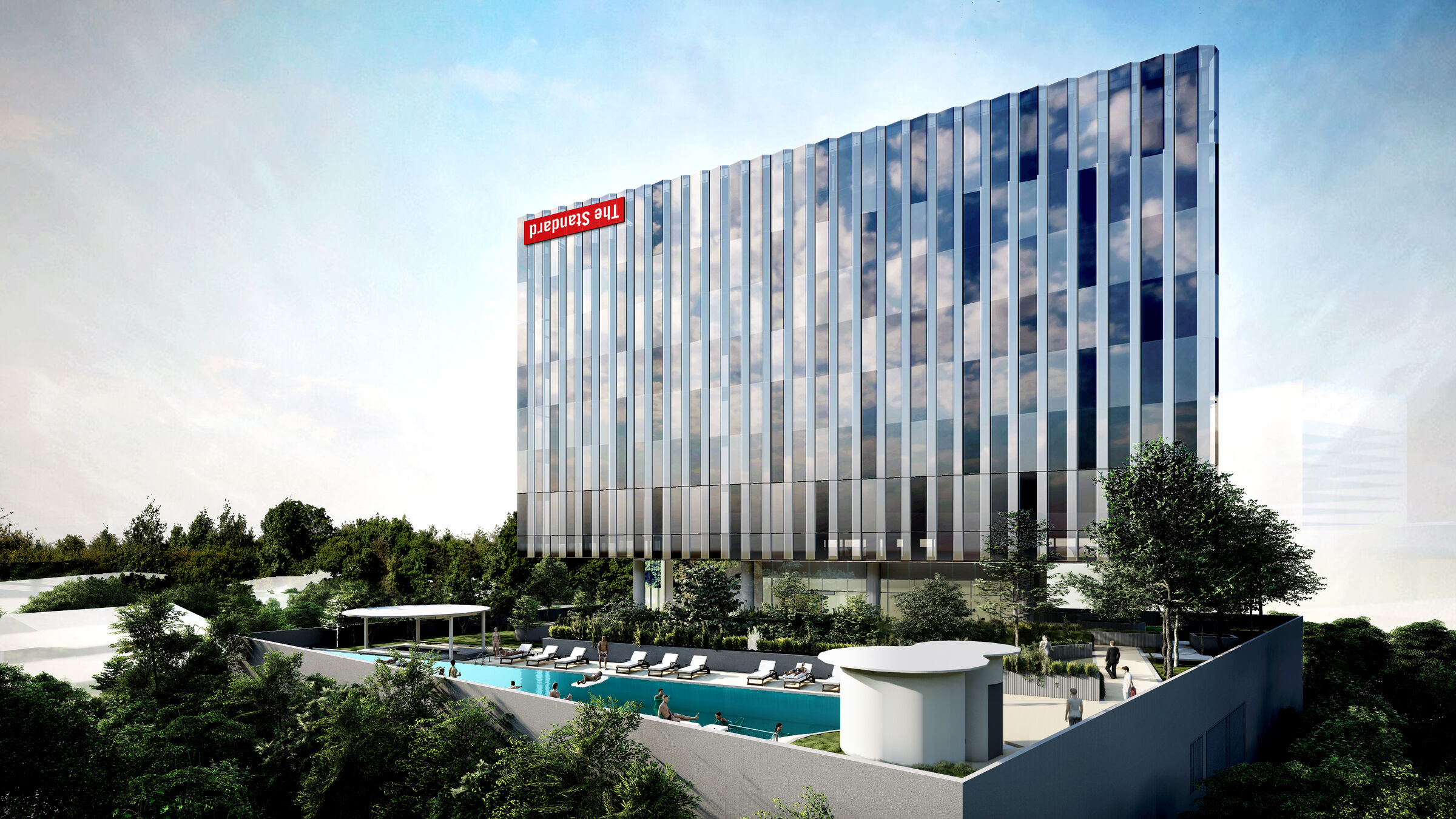Longitudinal elevation of The Standard, Singapore facing the pool deck and courtyard