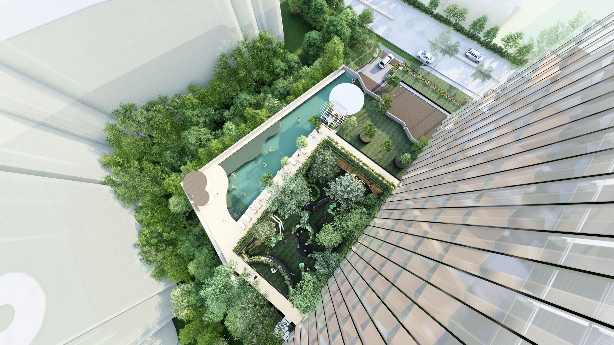 Bird's eye view of the hidden tropical oasis from the tower