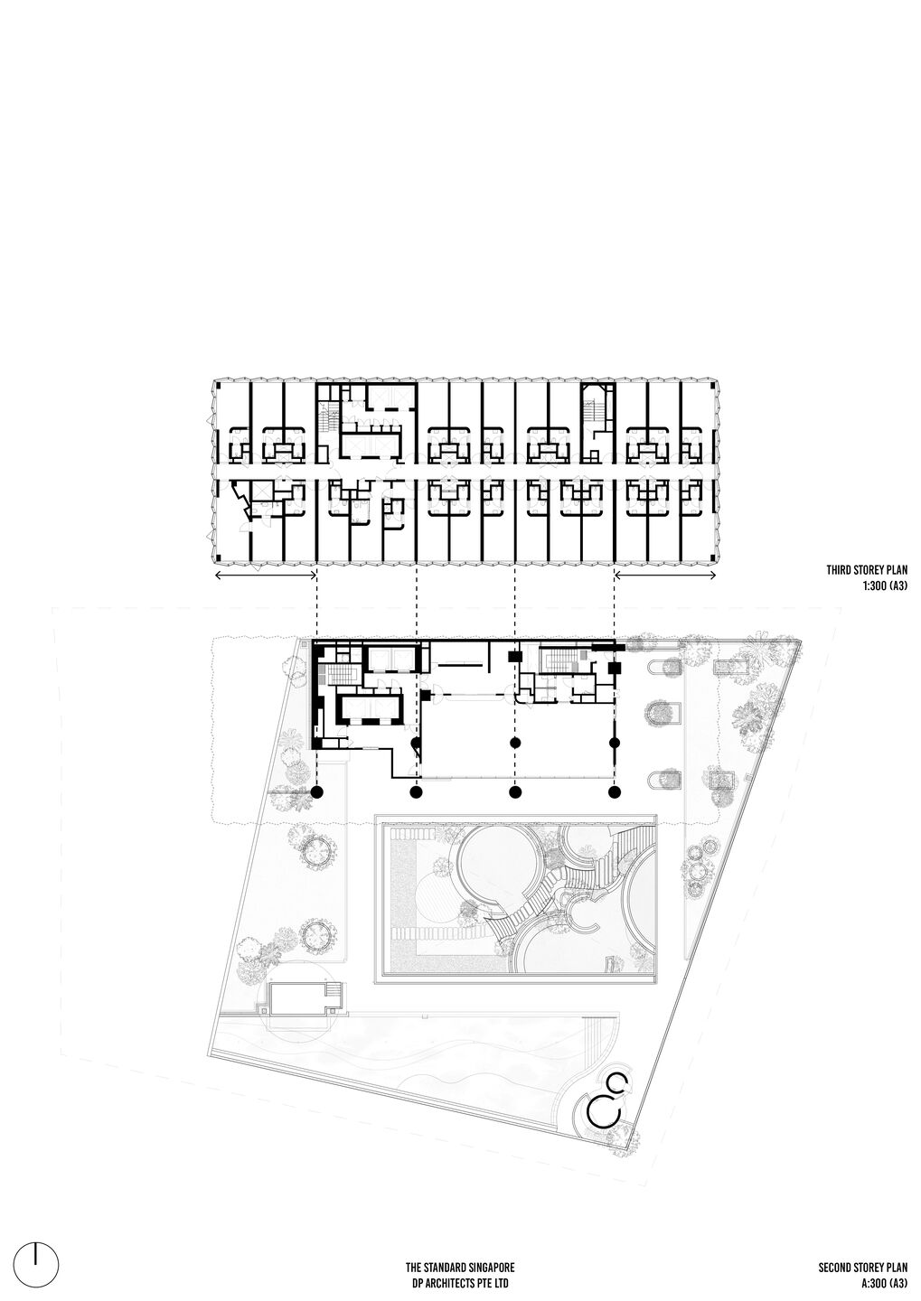 Geometric layout of rectilinear tower above a trapezoidal podium with extensive cantilevers on both sides of the tower