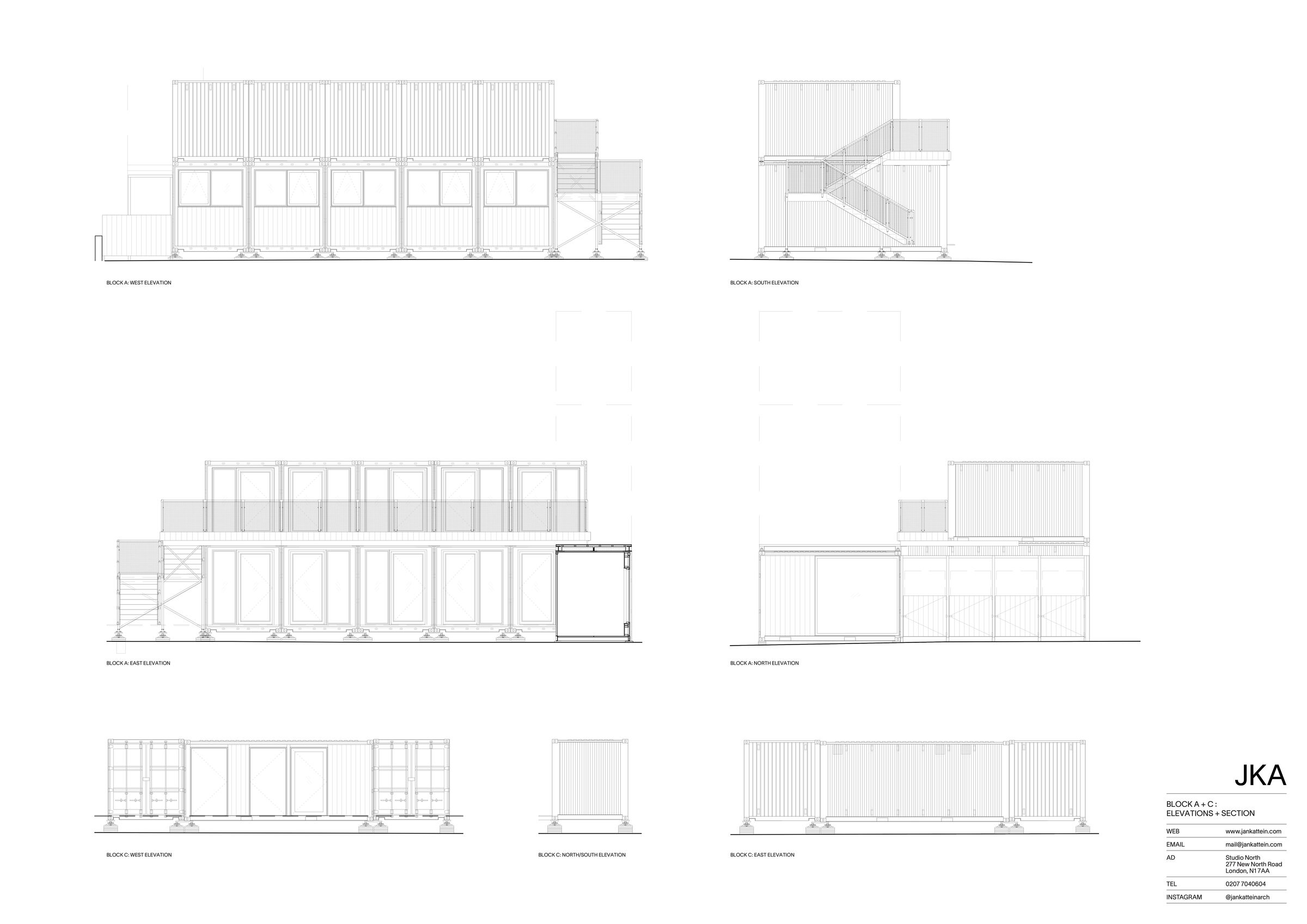 Block A + C elevations + section