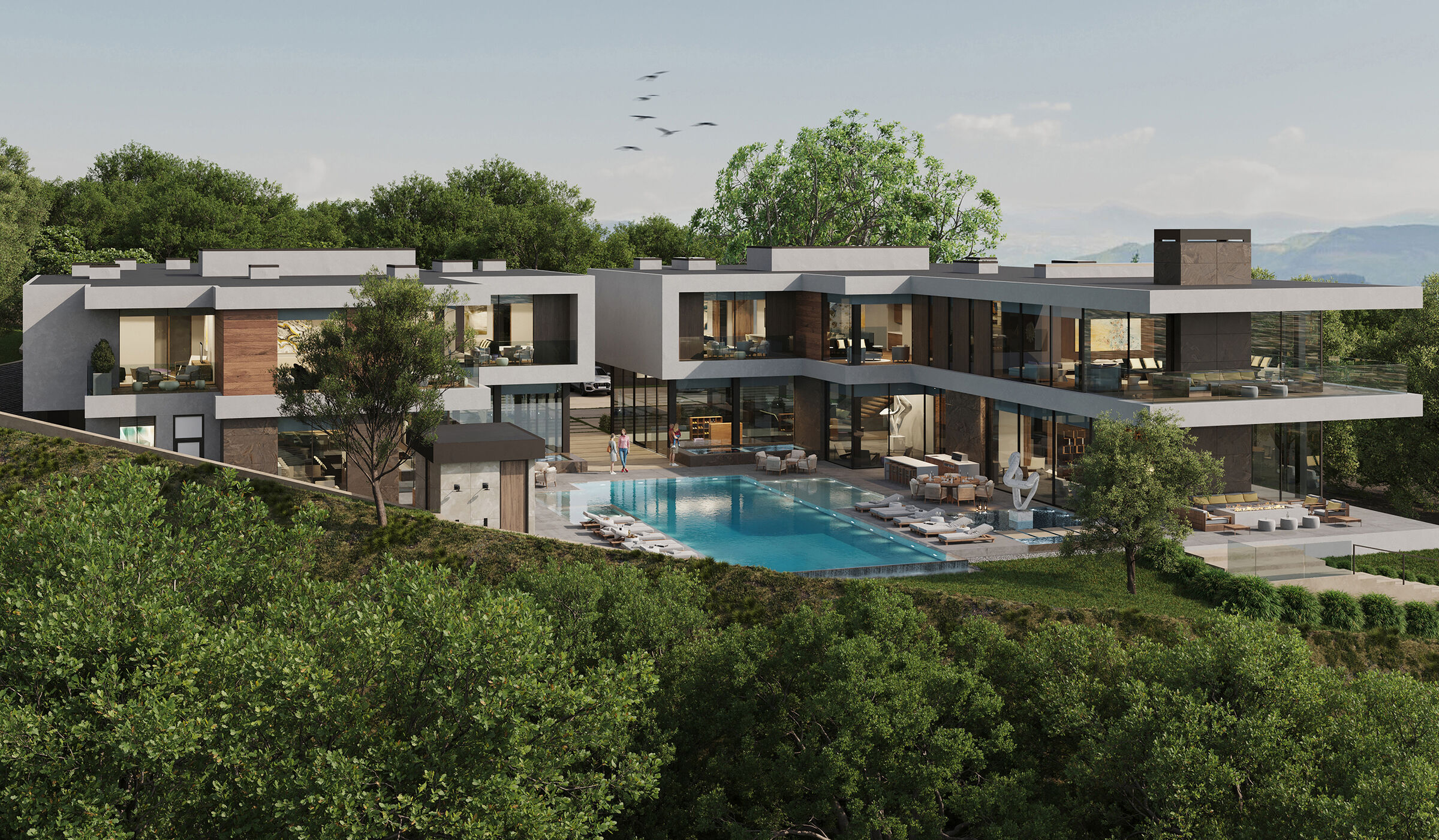 Pasadena luxury modern resort style home with backyard pool terrace