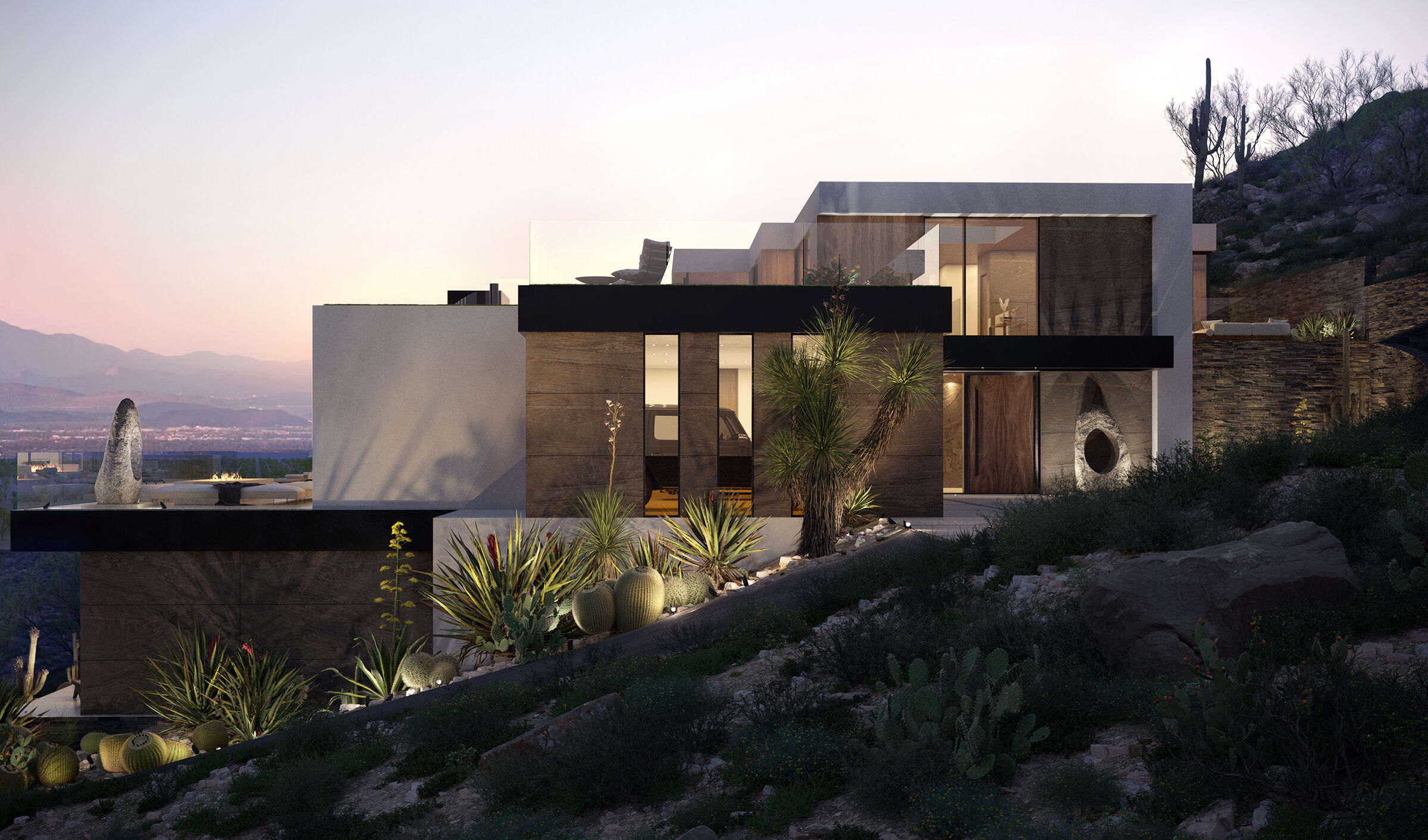 Royal Palm Paradise Valley, Arizona luxury resort style hillside desert home with modern architectural exterior design