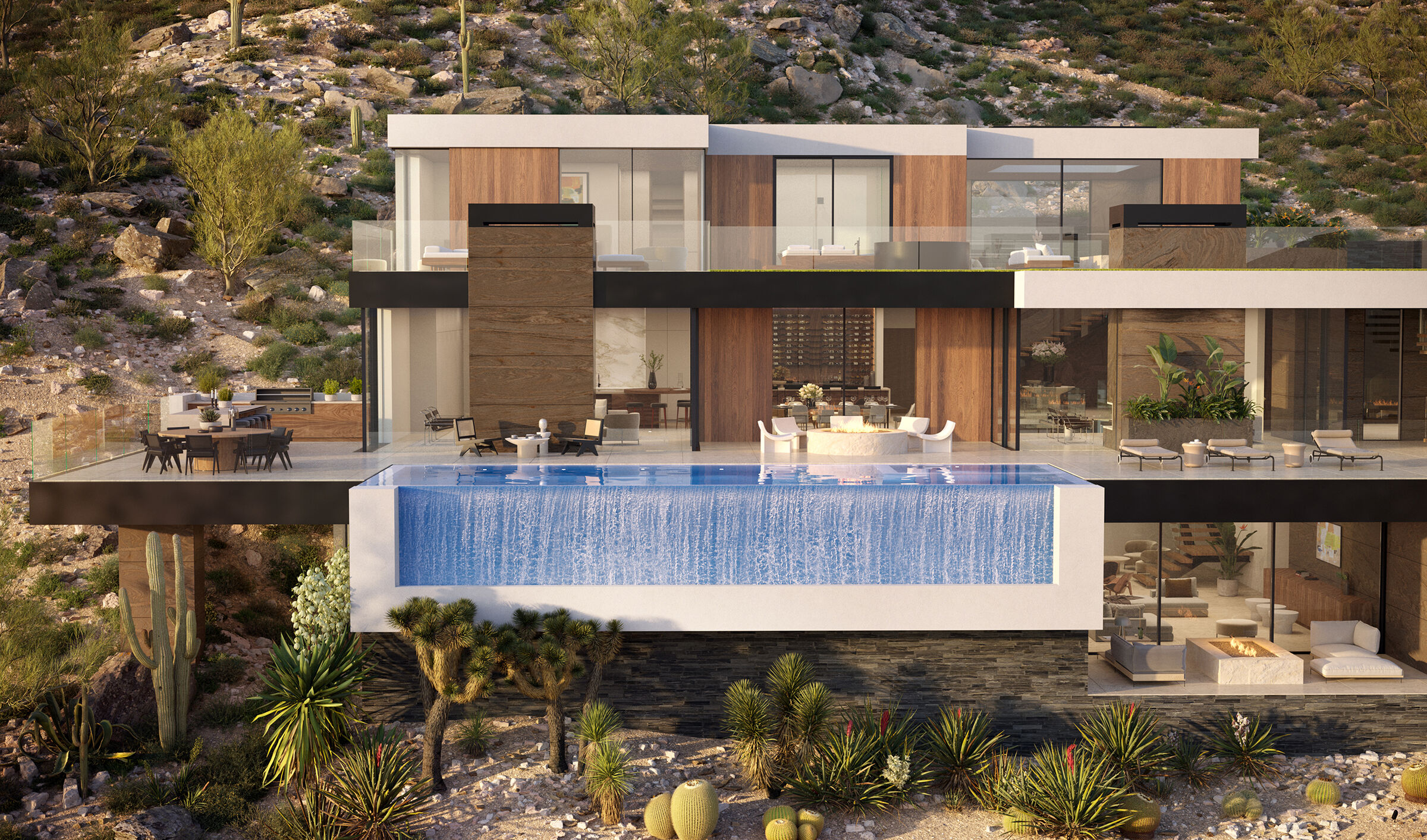 Royal Palm Paradise Valley, Arizona modern resort style desert home with infinity edge swimming pool and outdoor terraces