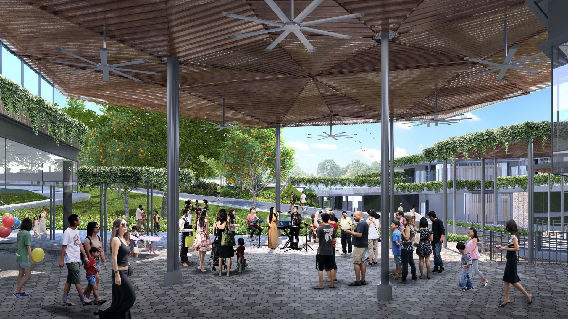 Shaded community plaza gathers residents beneath a large hexagonal canopy, creating a comfortable place for events, performances and everyday meetings .