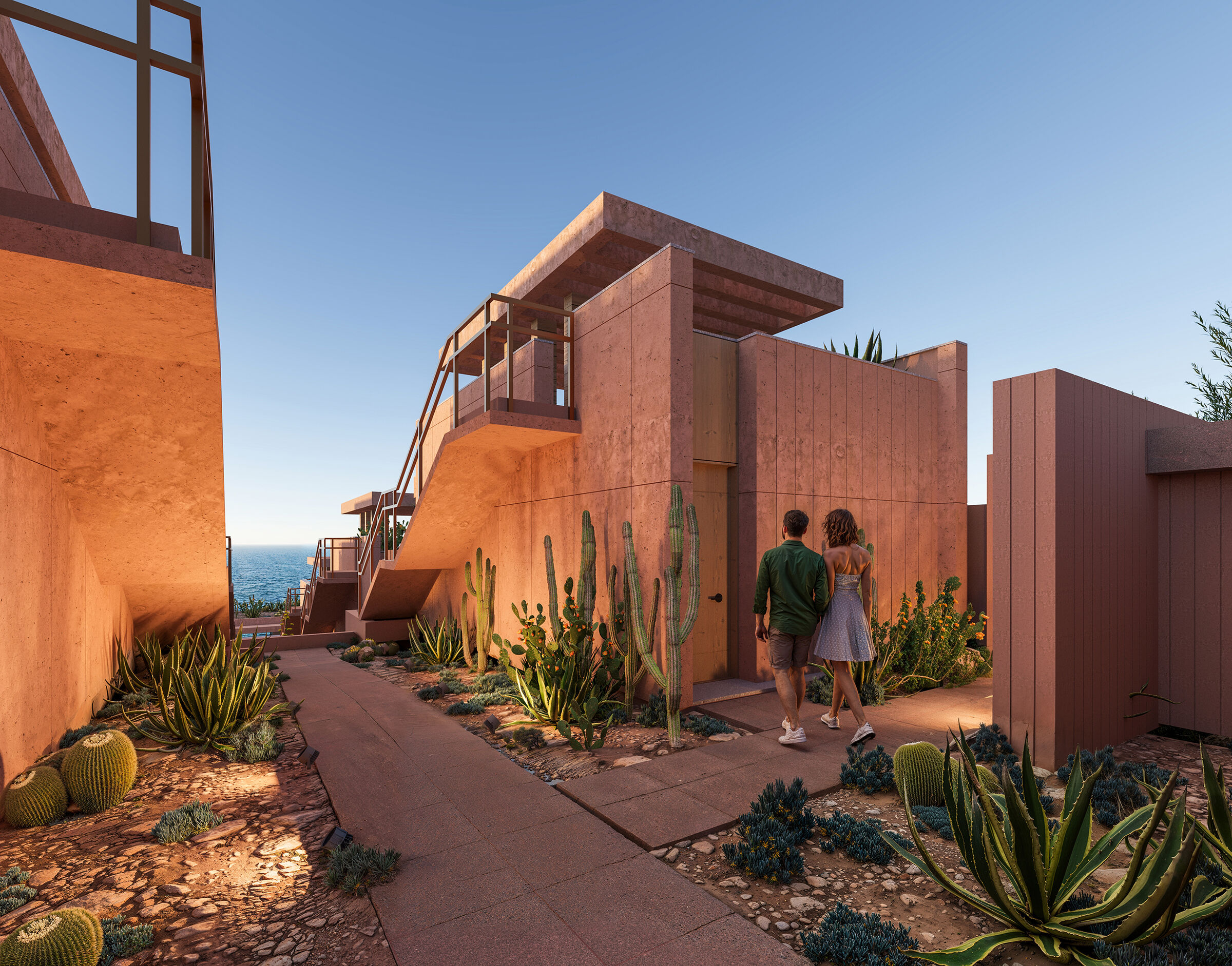Warm hues and local vegetation reinforce sense of place.