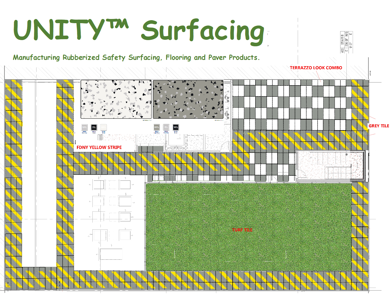 Layout of Roof Top - showing Turf Field, Checkerboard Rec Area to Emergency Walways