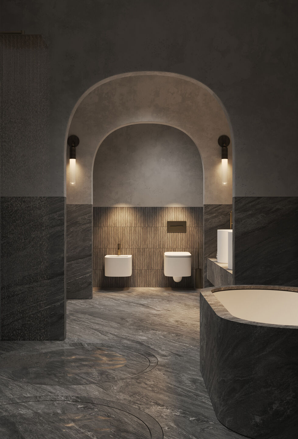 The bathroom is carved, with arches and niches that play with shadow.