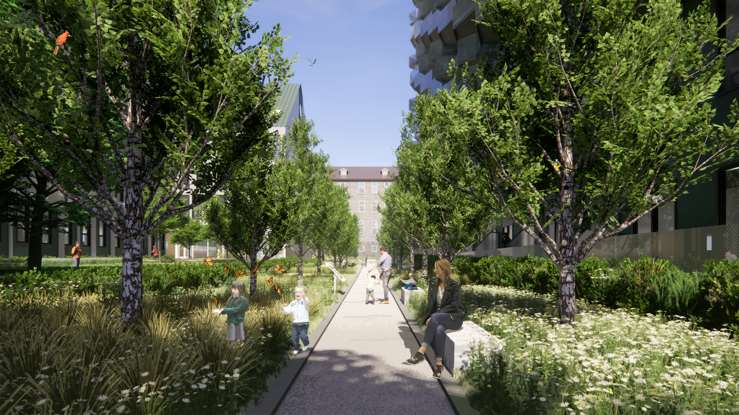The historic tree alignments once structured the site. Replanted based on archival views, they enhance visual perspectives, provide shade along the promenade, and help reduce urban heat islands.