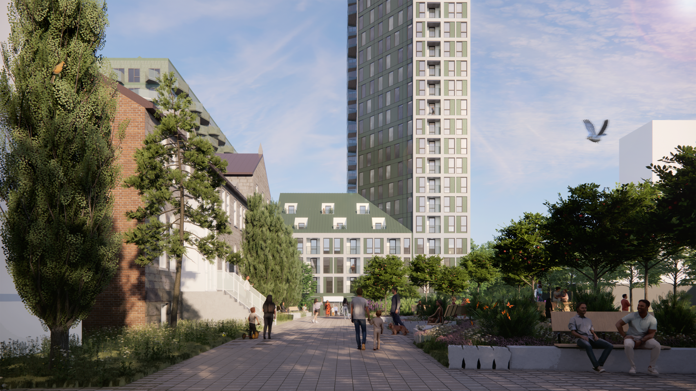 The public square, framed by the historic facade of the convent and the contemporary tower, becomes a civic space that hosts social gatherings and community activities.