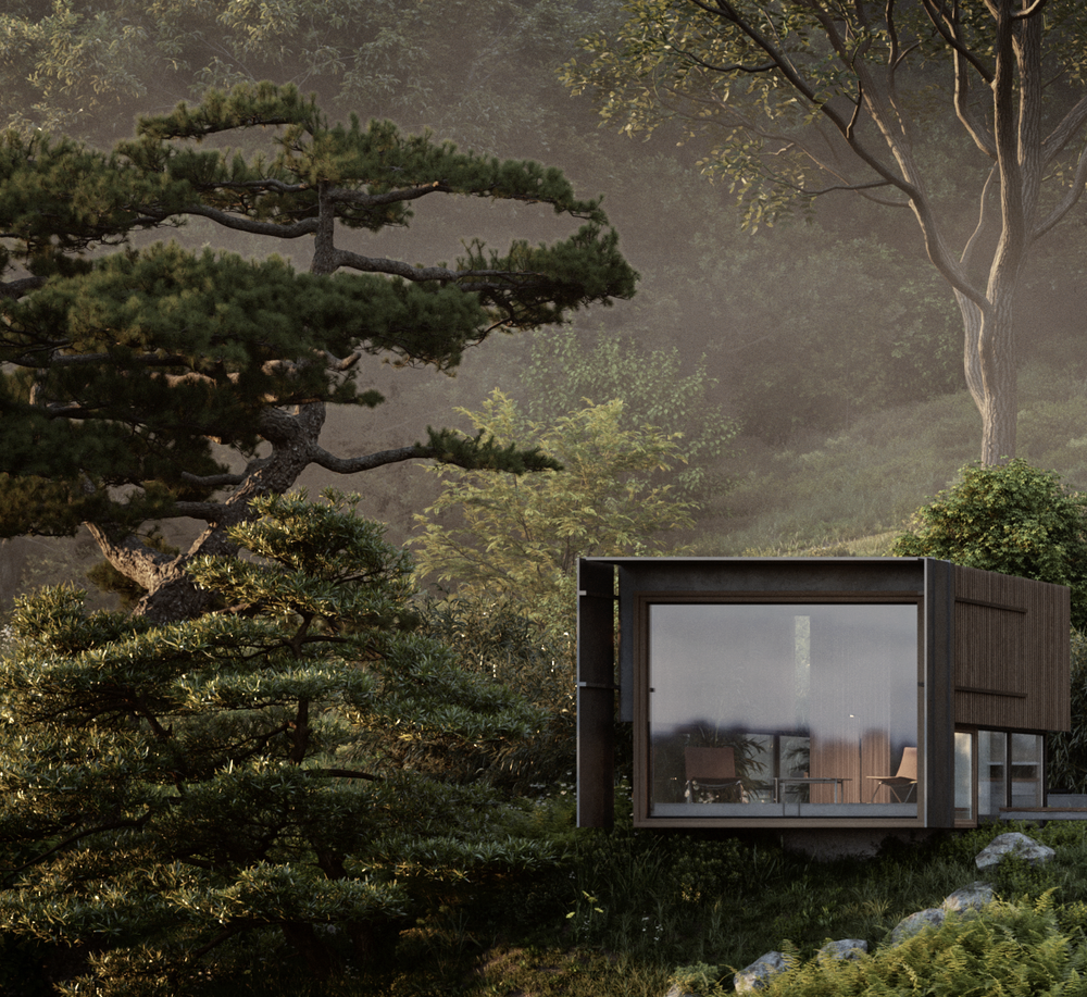 Storm shelter cantilevers out from the hillside.