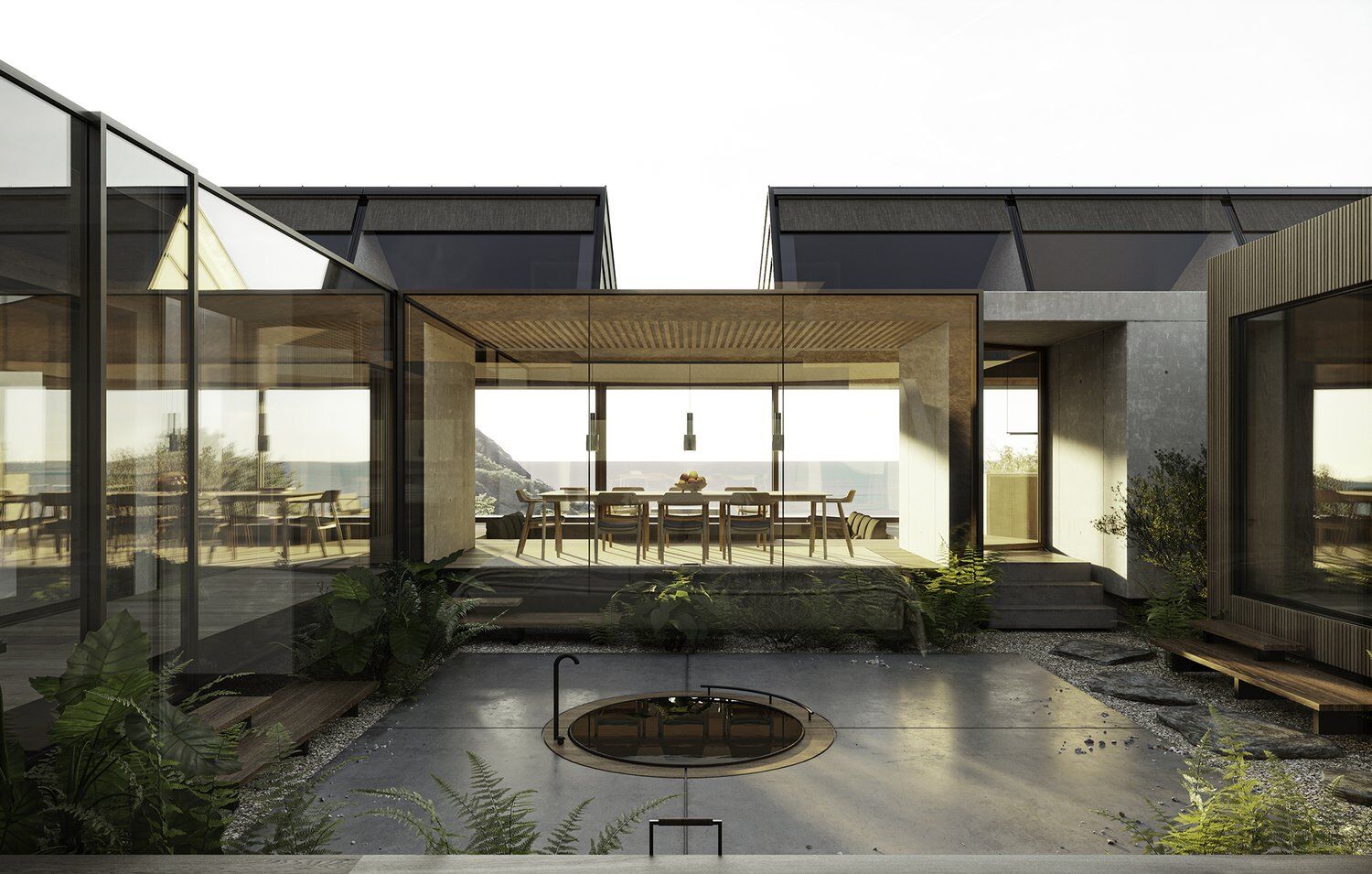 Lving and dining room open out into a secret courtyard.