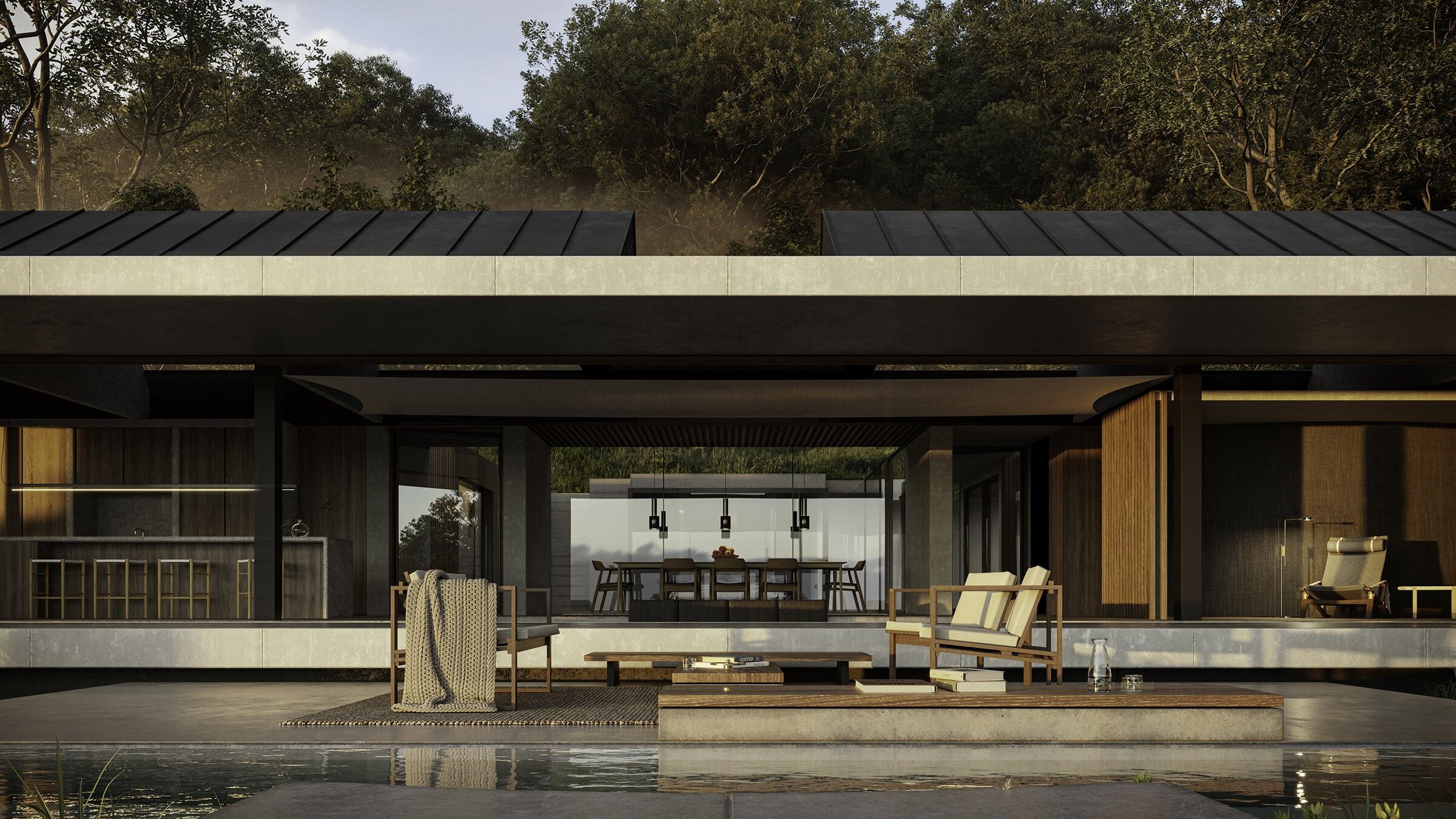 The concrete portal frame enables the homeowners to enjoy this outdoor space in any season and weather.