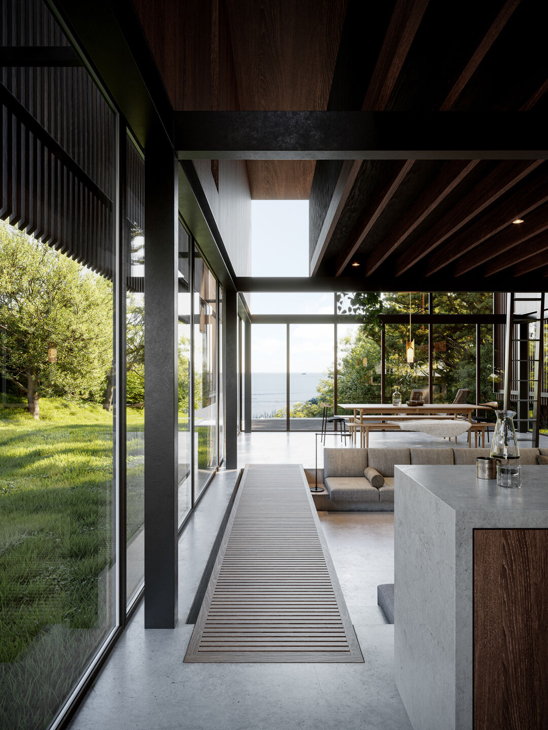 The generous, fully glazed façades fill the interiors with natural light, immerse guests into the landscape and draw the eye towards the ocean.