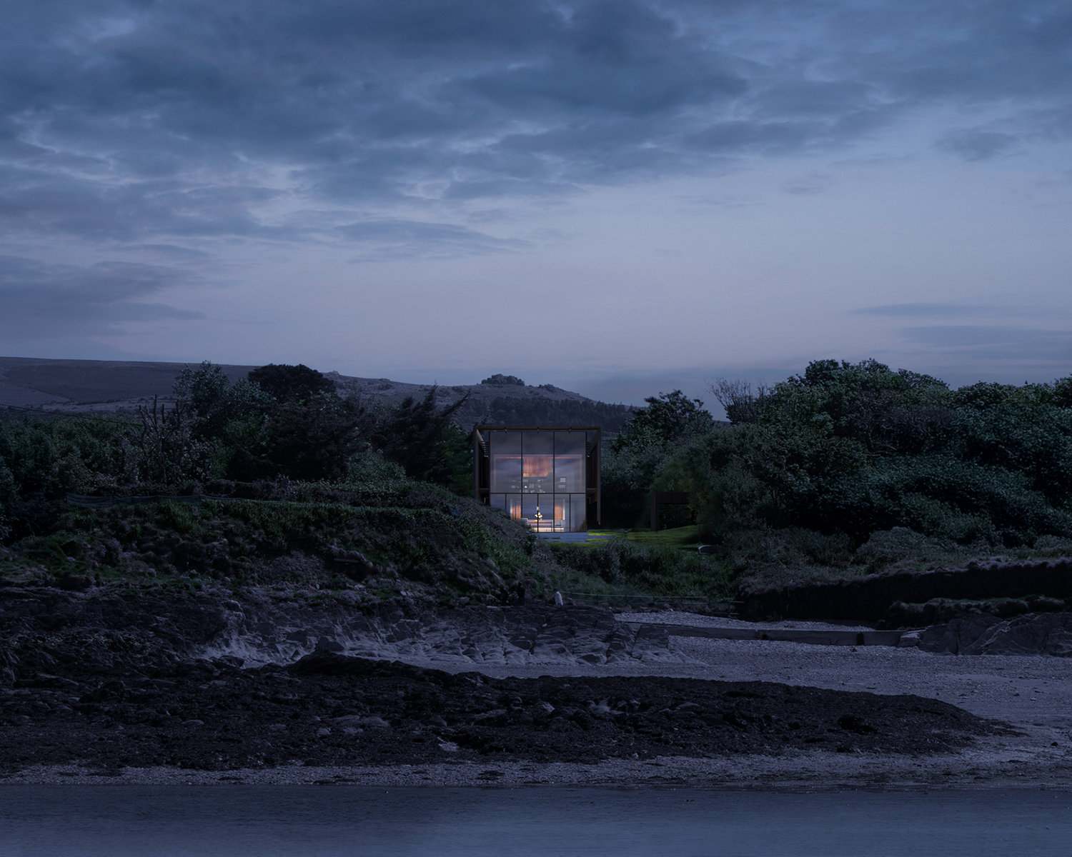 Plinth House is set far back on a sloping site, surrounded by dense trees and vegetation and overlooking Newport Bay and Irish Sea.