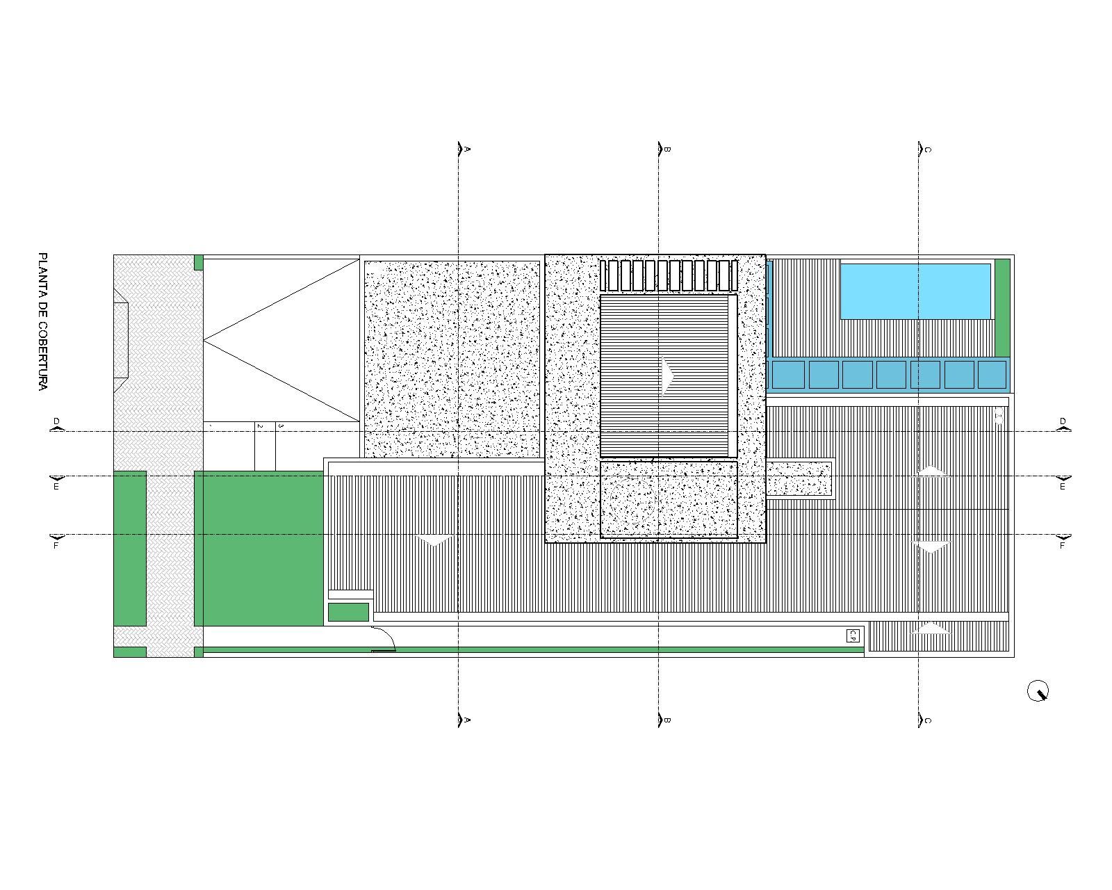 Roof plan highlighting the distribution of slabs, skylights, and technical areas.