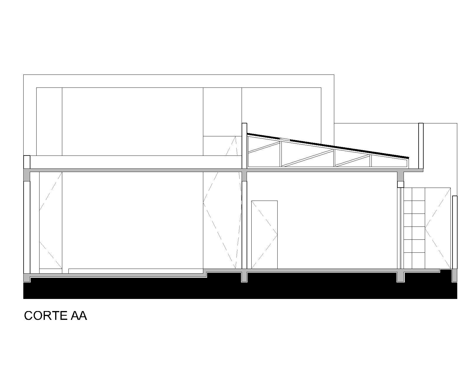 Longitudinal and transversal sections illustrating the spatial hierarchy and roof system design.